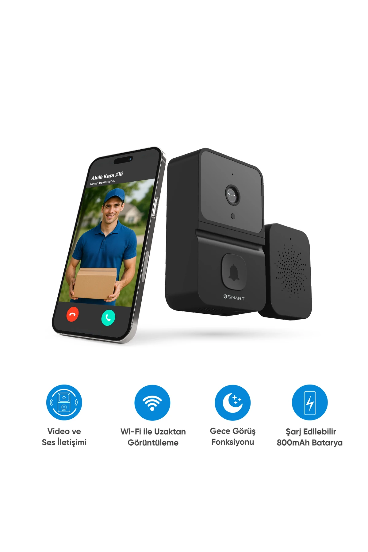 Akıllı Kapı Zili Wi-fi Kontrollü, Gece Görüş, Ses Gönderme Ve Alma