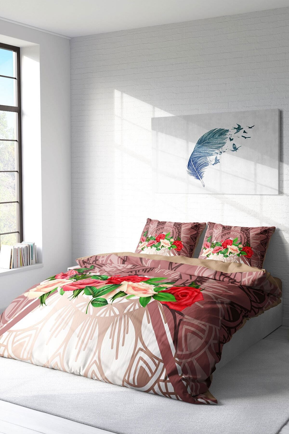 Kıng Sıze Brown & Roses 3d Çift Kişilik Nevresim Takımı 220x240cm