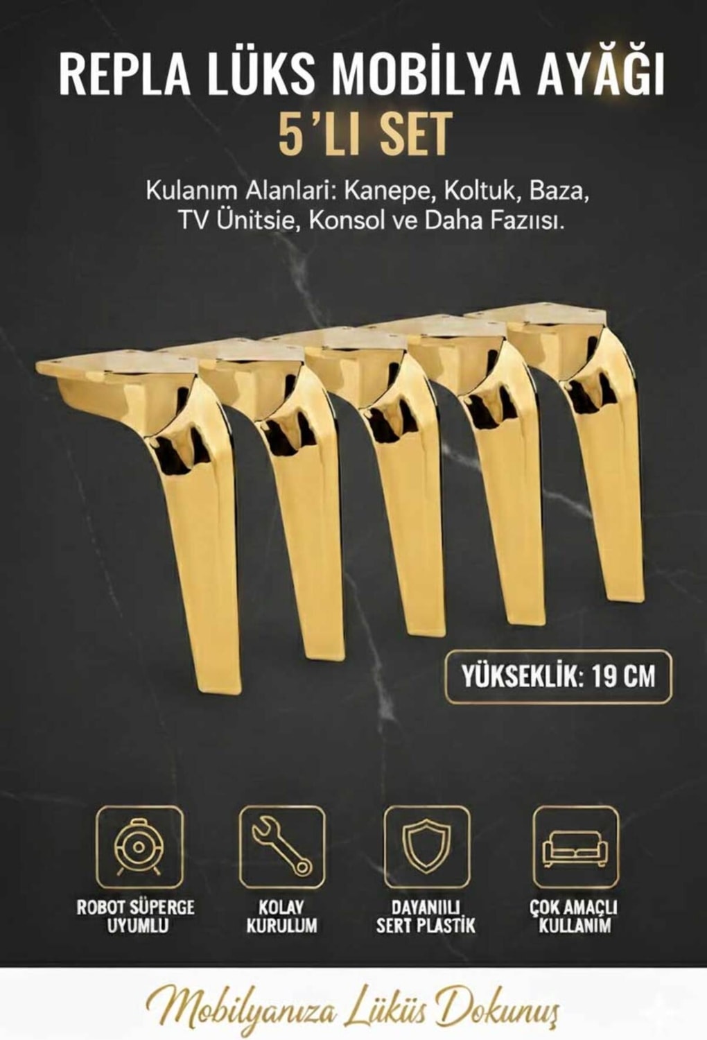 Repla Mobilya Kanepe Tv Ünitesi Koltuk ve Konsol Dolap Ayağı 19 cm Altın