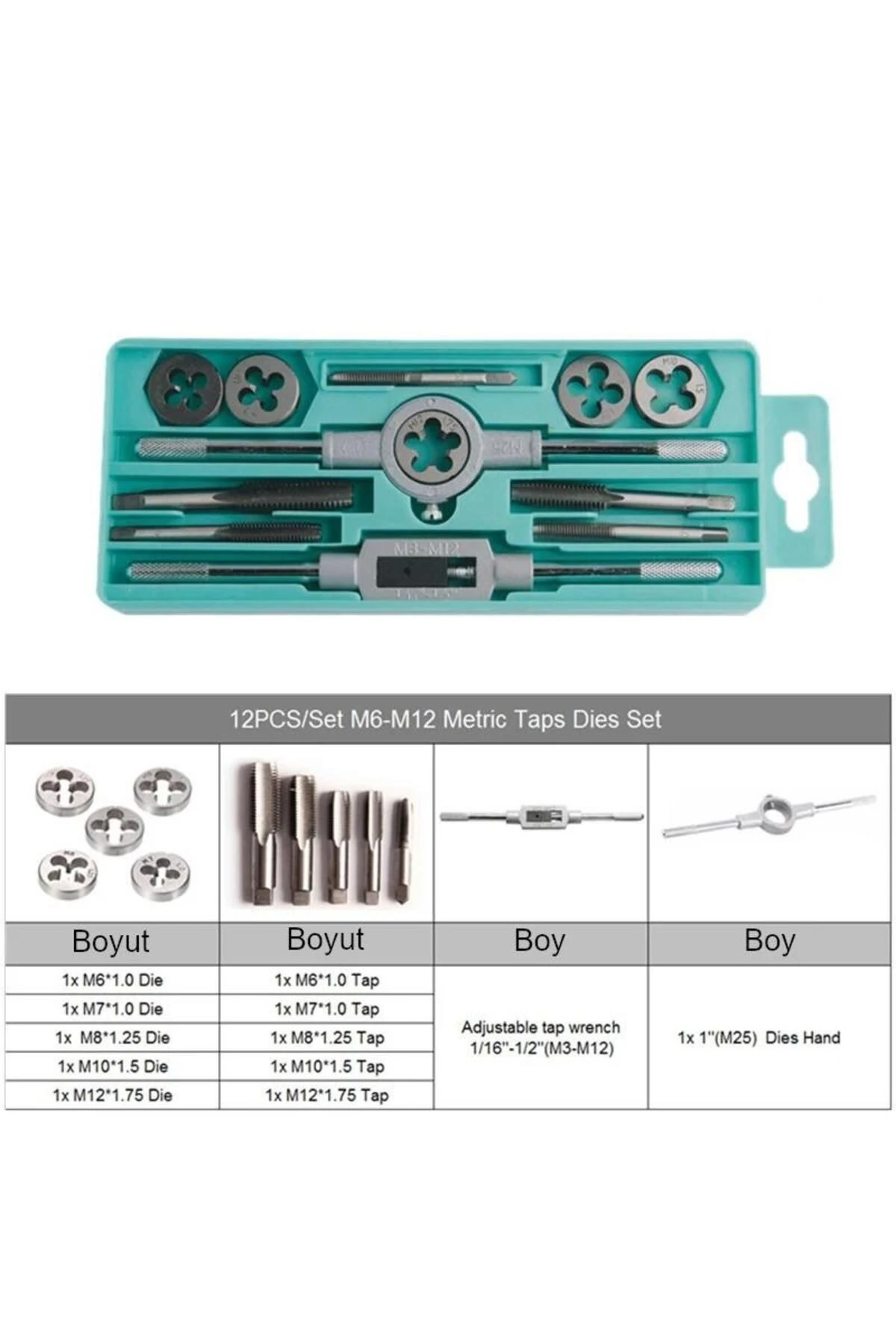 12 Parça Klavuz Pafta Seti Metrik Set M6-m12 Arası 12li Takım Full Set.