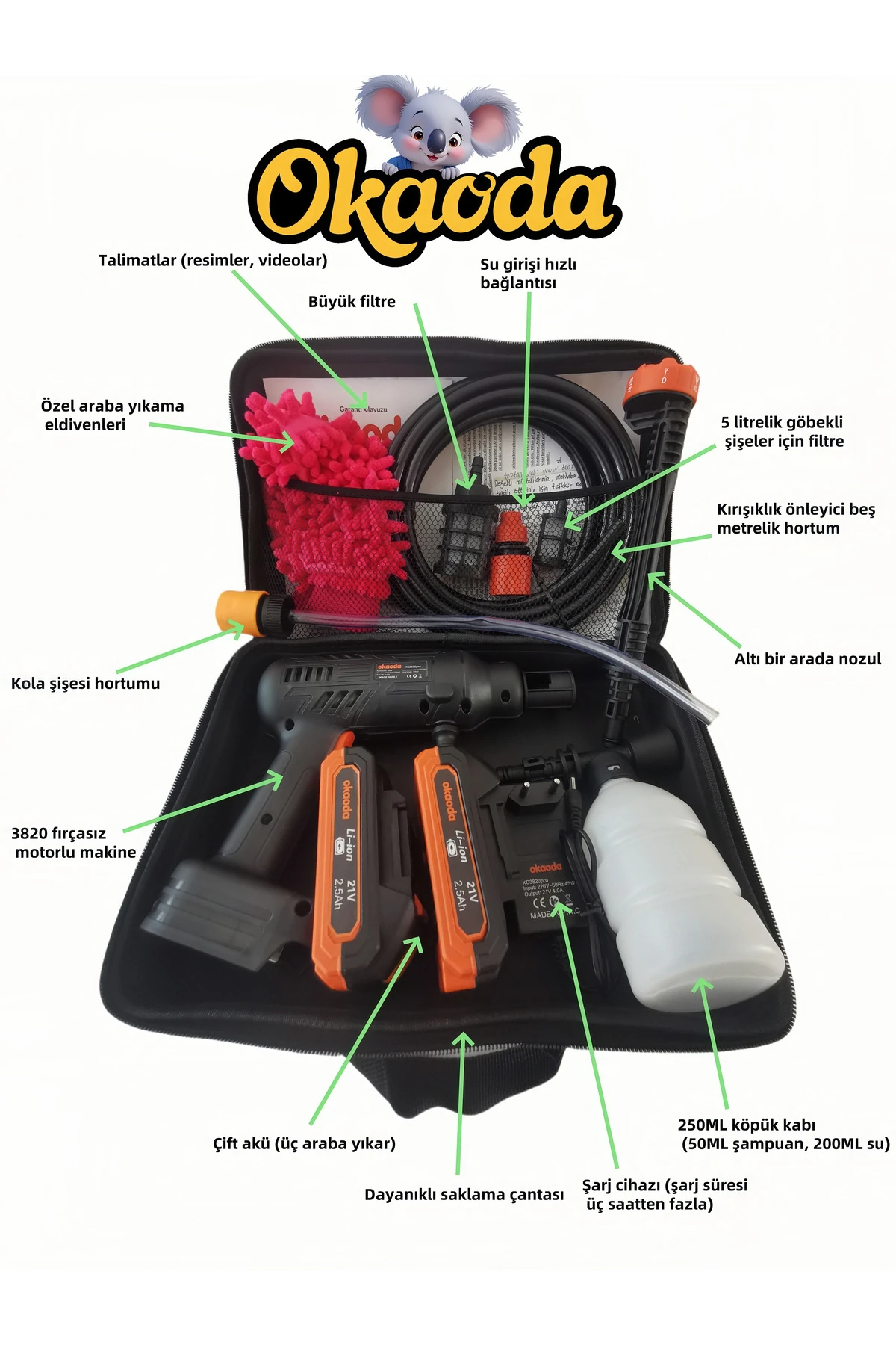 En Güçlü 3 Vitesli Ayar, Kömürsüz Oto Araba Bahçe Klima Halı Şarjlı Yüksek Basınç Yikama Makinesi
