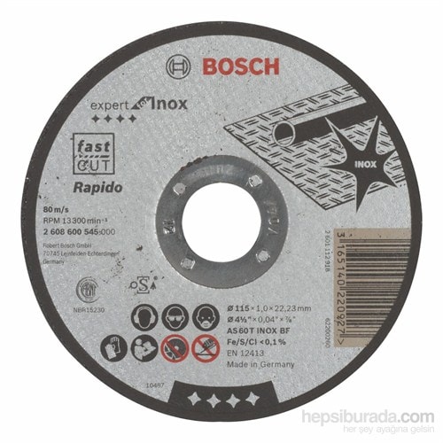 BOSCH - Expert Serisi Inox (Paslanmaz Çelik) İçin Düz Kesme Diski (Taş) – Rapido - As 60 T Inox Bf, 115 Mm, 1,0 Mm