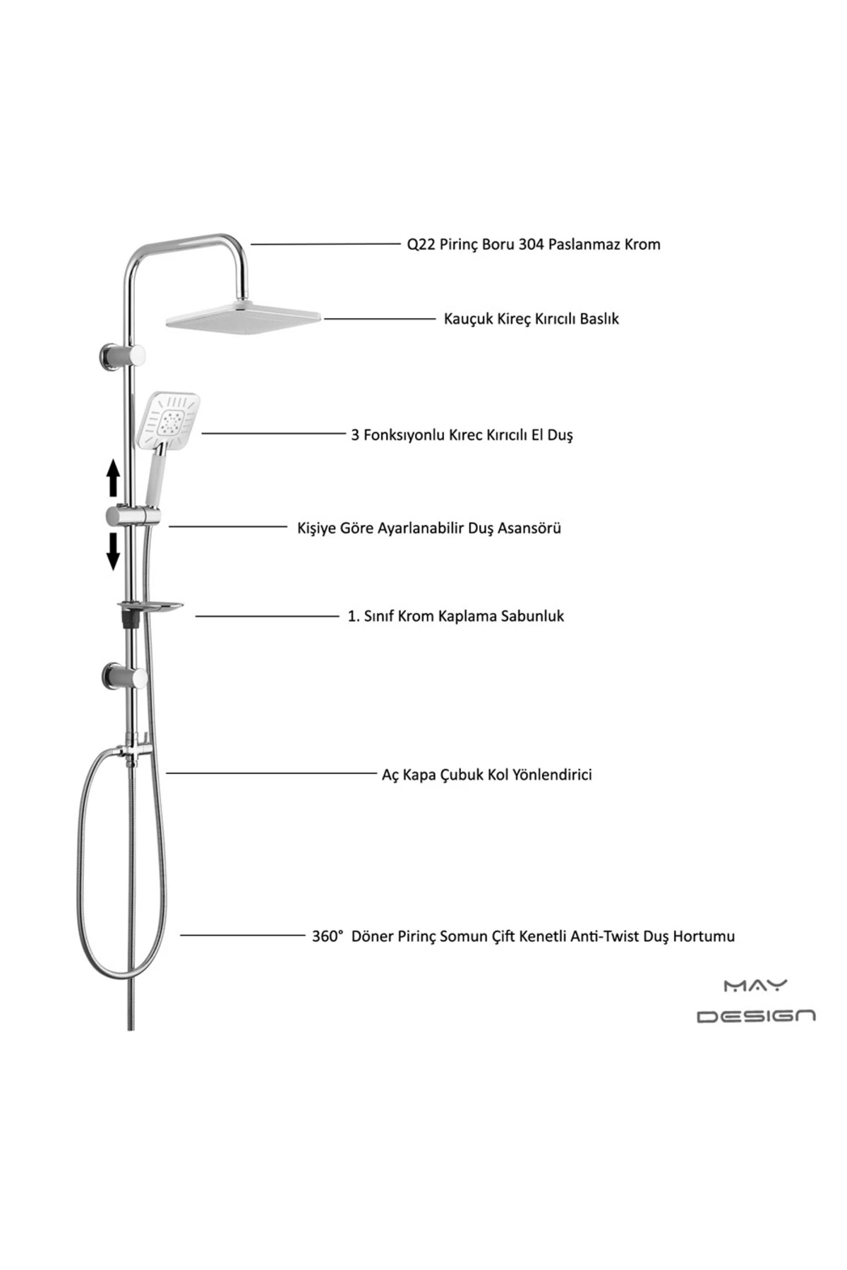 Niobe Banyo Bataryası T-may Banyo Çamlıca Kare Tepe Duş Takımı Seti Krom Paslanmaz