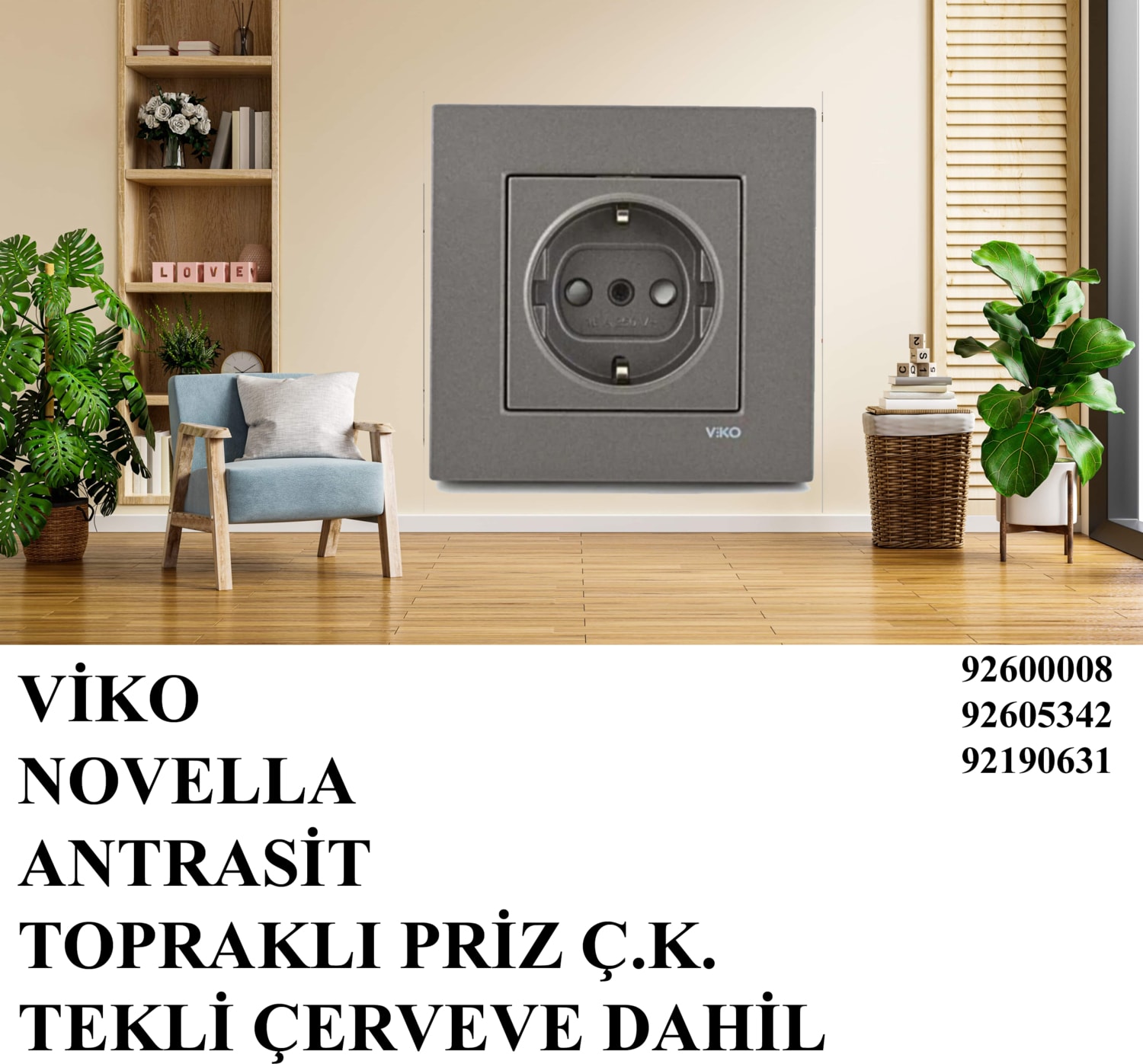 Novella Çocuk Korumalı Topraklı Priz Çerçeveli Siyah/füme/antrasit