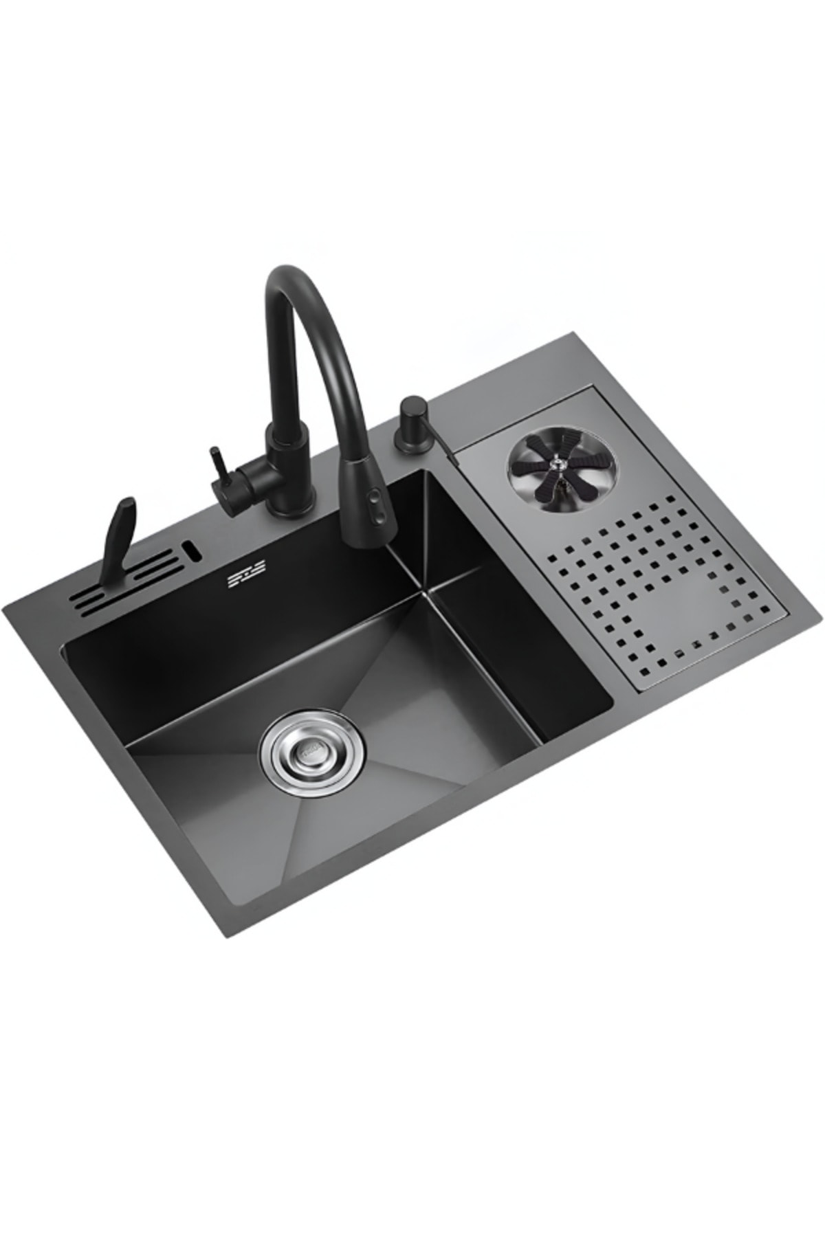 Moderno Paslanmaz Çelik Bardak Yıkamalı Akıllı Mutfak Evyesi Bal Peteği Yüzey Siyah 76x48cm Eviye