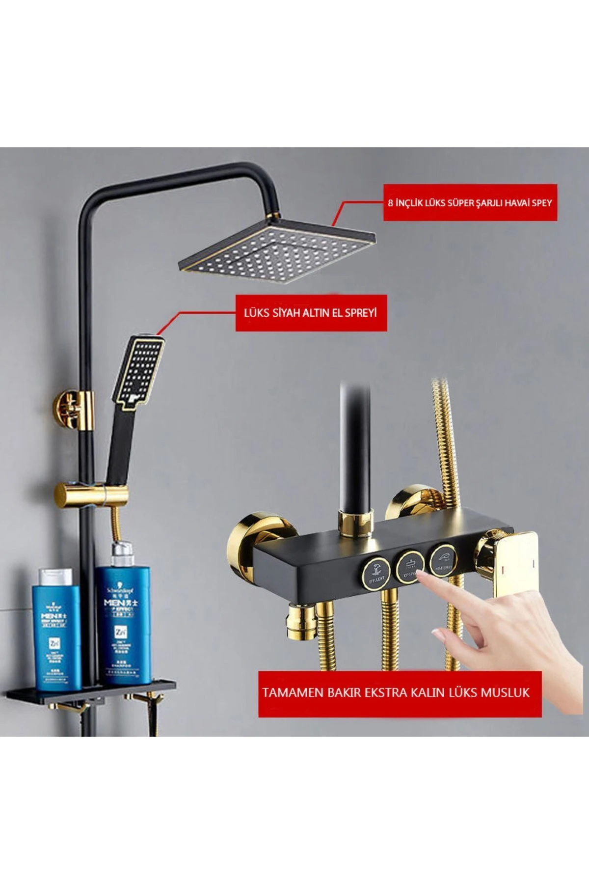 4 Yollu Yağmurlama Tepe Duş Seti Basınçlı Fıskiyeli Siyah Gold Büyük Robot Duş Başlığı Seti Sistemi