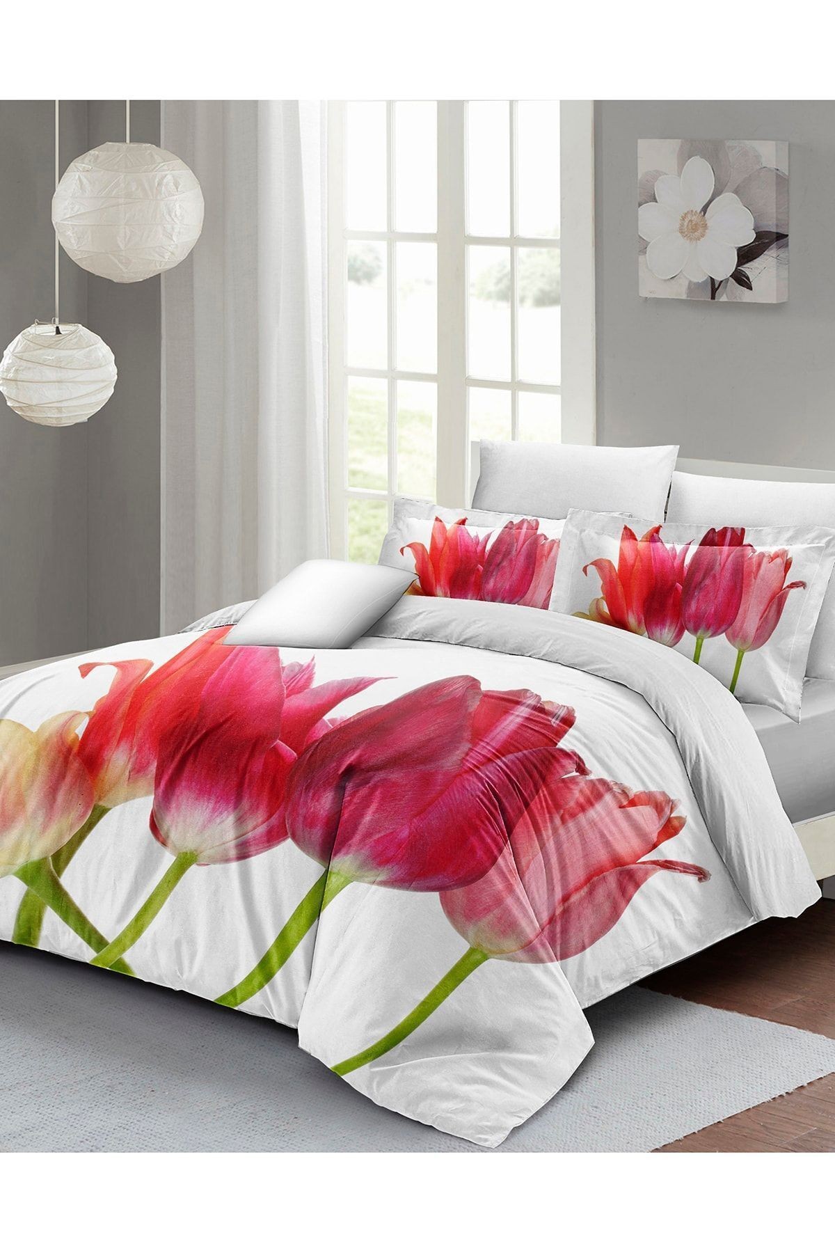 Çift Kişilik Nevresim Takımı Sık Dokuma Pamuk Saten 3d Özel Tasarım Tulip