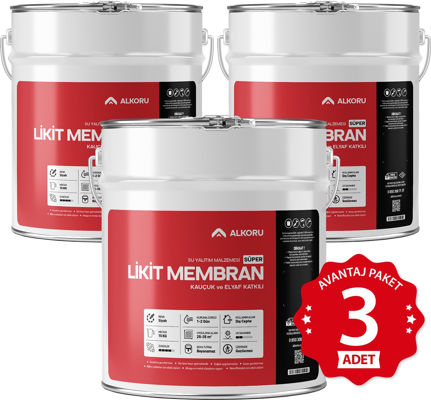 3 Adet 15 kg Süper Likit Membran Kauçuk ve Elyaf Katkılı Sıvı Su Yalıtım Malzemesi Avantaj Paket