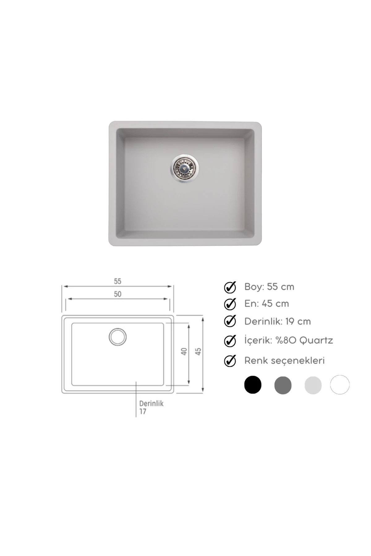 Tezgah Altı Açık Gri Granit Mutfak Evyesi 55 X 45 Cm