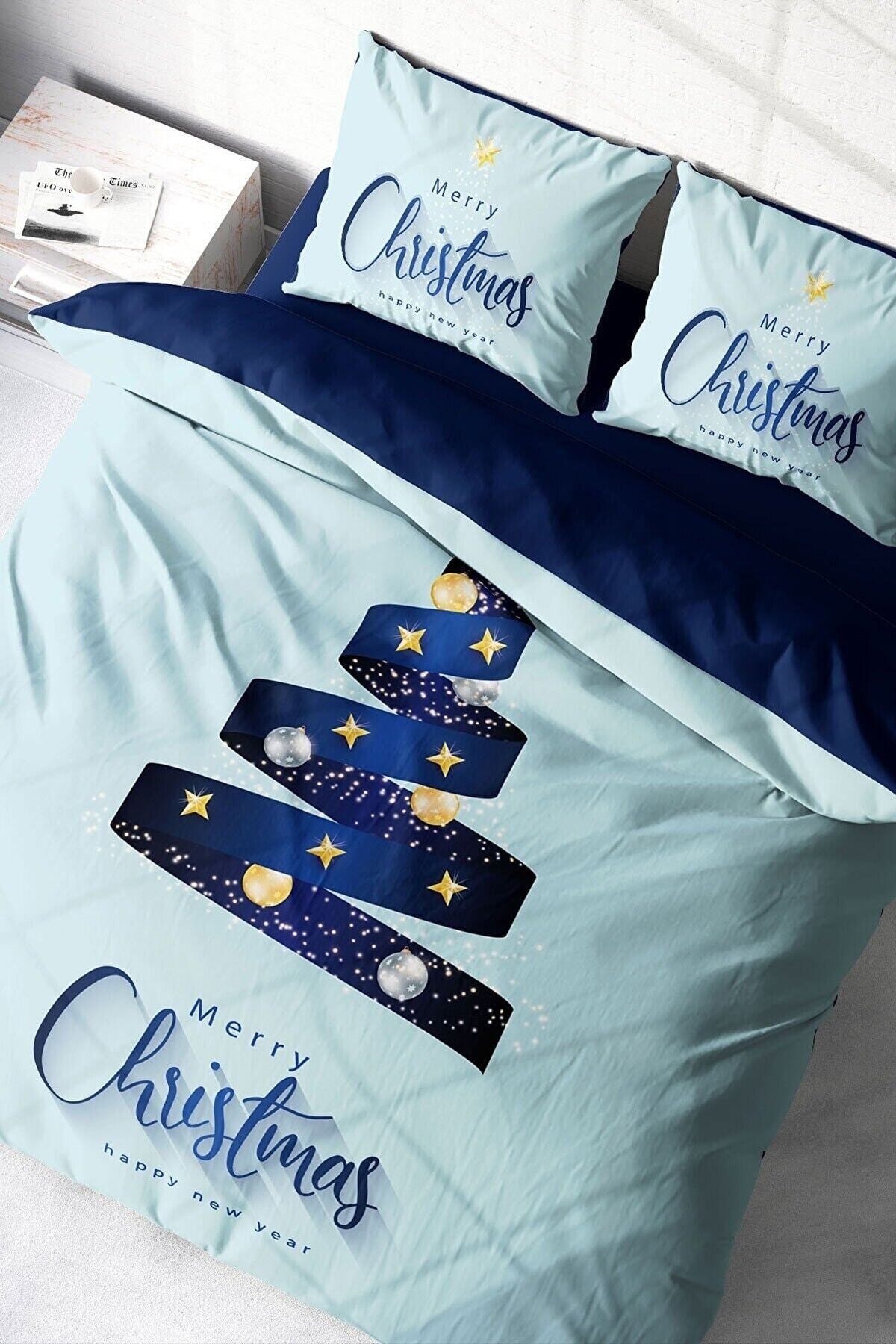 Kıng Sıze Yılbaşı Süsü Blue Star Noel %100 Pamuk Saten 3d Çift Kişilik Nevresim Takımı 220x240cm