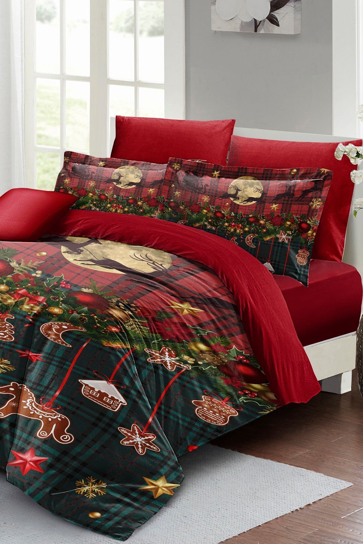 Yılbaşı Çift Kişilik Nevresim ( Lastikli Çarşaflı ) %100 Pamuk Saten Christmas Decorations