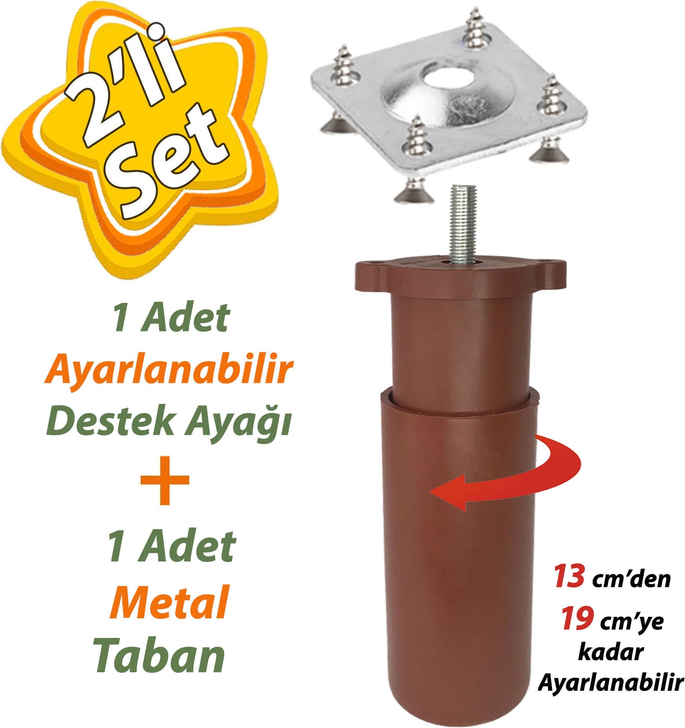 Destek Ayağı 13-19 cm Kahverengi ve Metal Düz Ayak Tabanı M8 Civatalı Ince Diş Mobilya Kanepe Baza Koltuk Seti