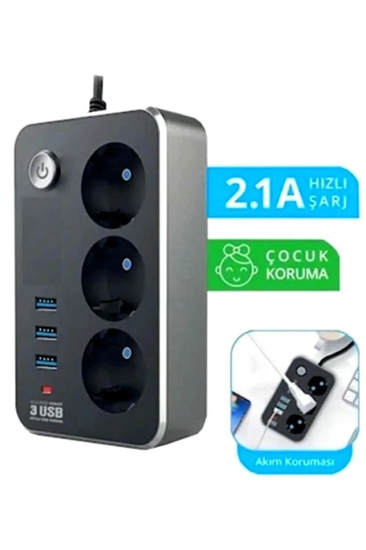 Termal Akım Korumalı Çoçuk Korumalı 3'lü Priz 3 Usb'li 2m Anahtarlı Akıllı Uzatma Kablosu