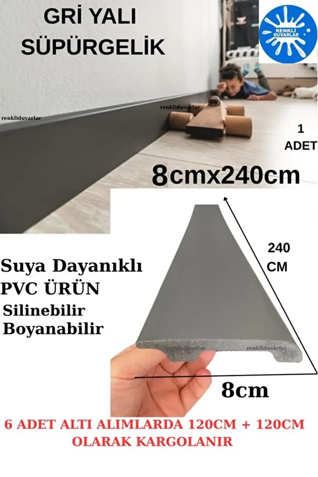 8cmx240cm 1 Adet PVC Yalı Gri Süpürgelik Suya Neme Dayanıklı Parke Seramik Salon Mutfak Süpürgeliği