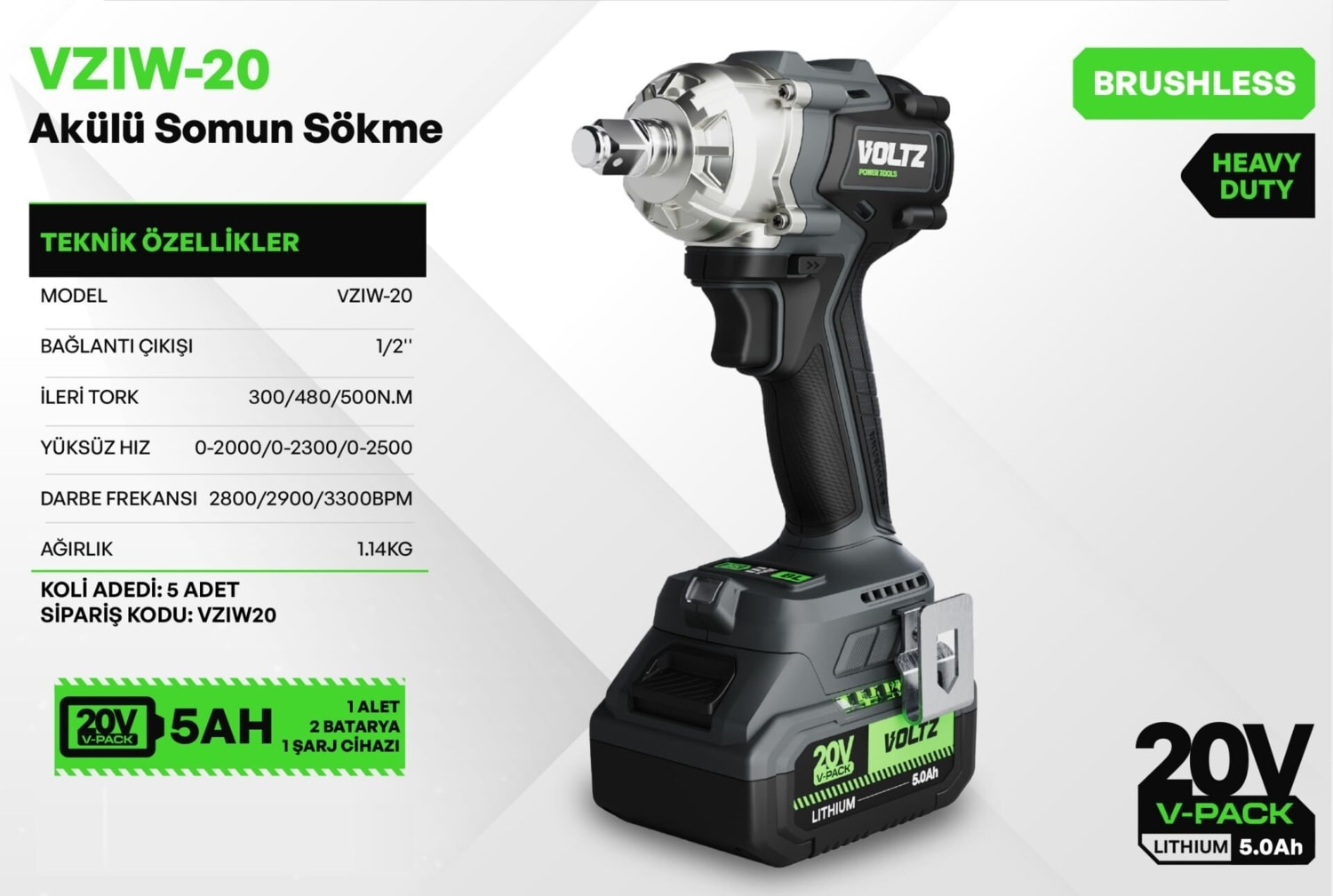 Voltz - 500 Nm - 1/2 - 20 Volt 5 Amper Akülü Somun Sökme Sıkma Makine Seti (Vzıw-20)