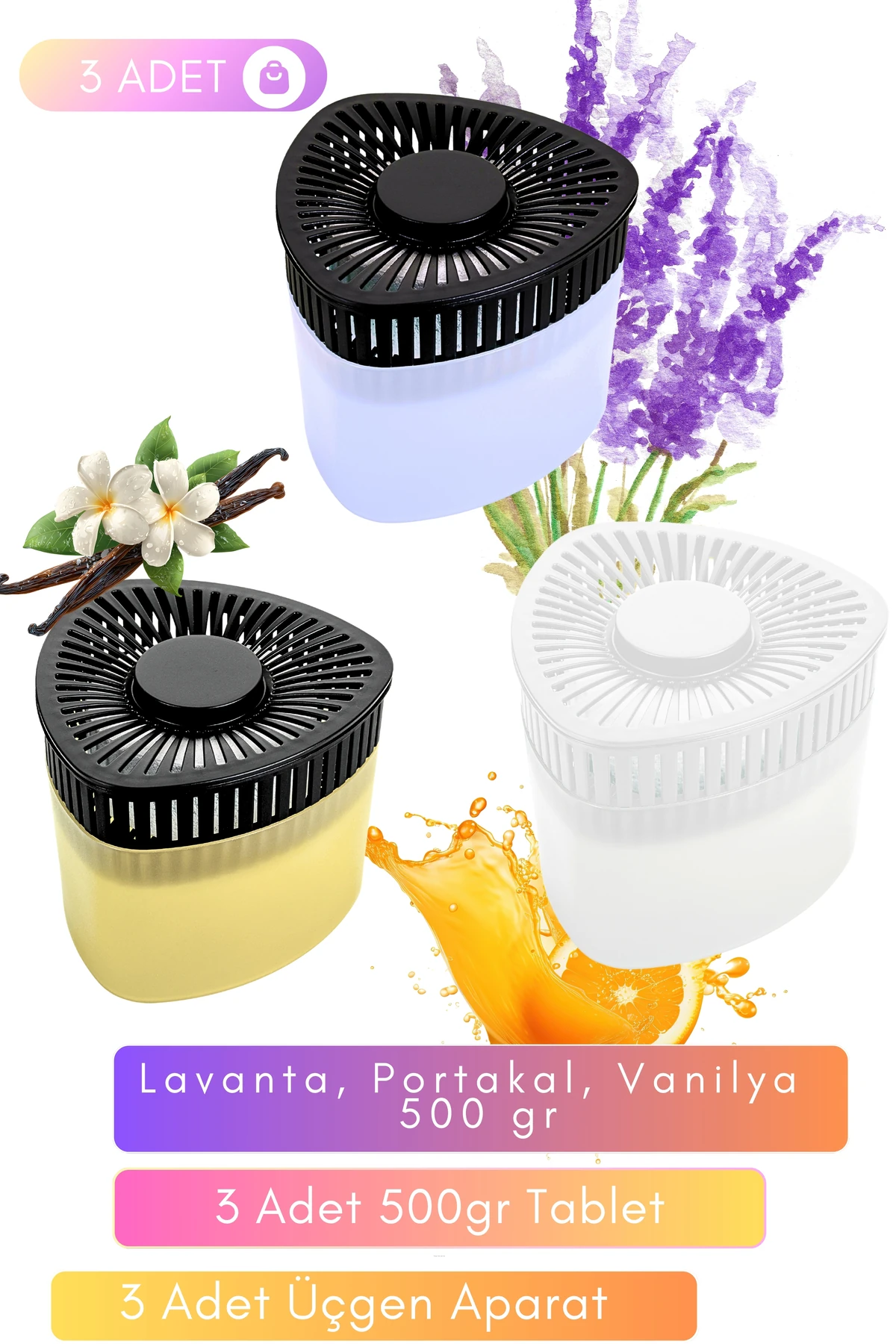 Nem Alıcı Lavanta, Portakal, Vanilya ( 3 Adet 500 gram Aparat Ve 3 Adet 500 gr Tablet )