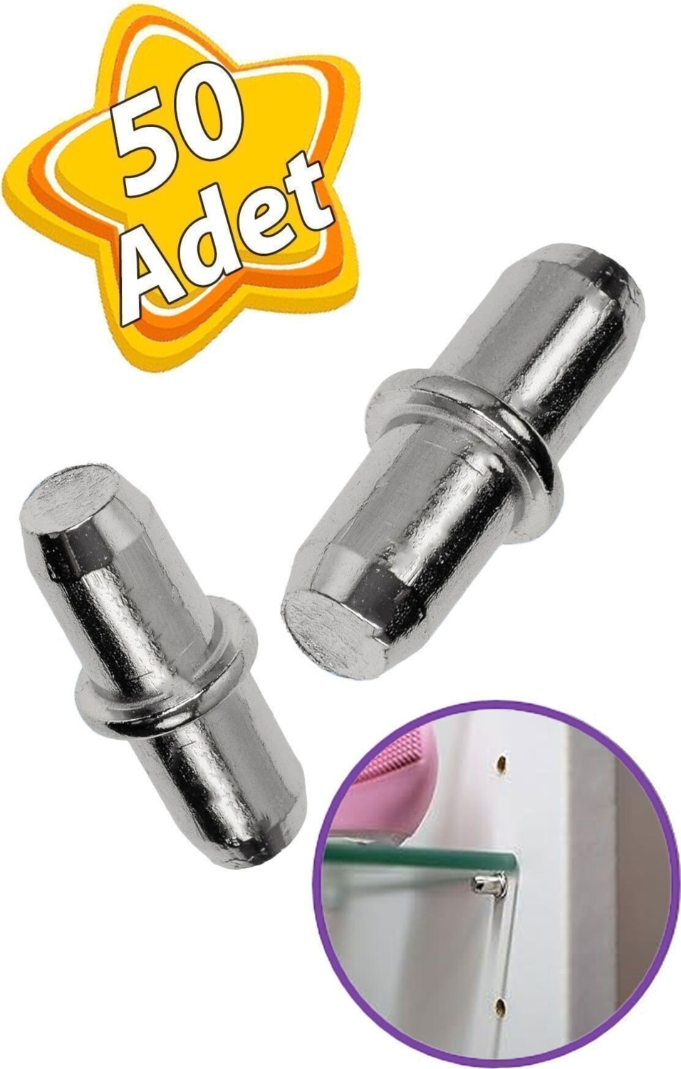 Metal Halkalı Raf Pimi Cam Ahşap Metal Raf Tutucu Çivisi Mobilya Dolap Pimi (50 Adet) Raf Pimleri Be