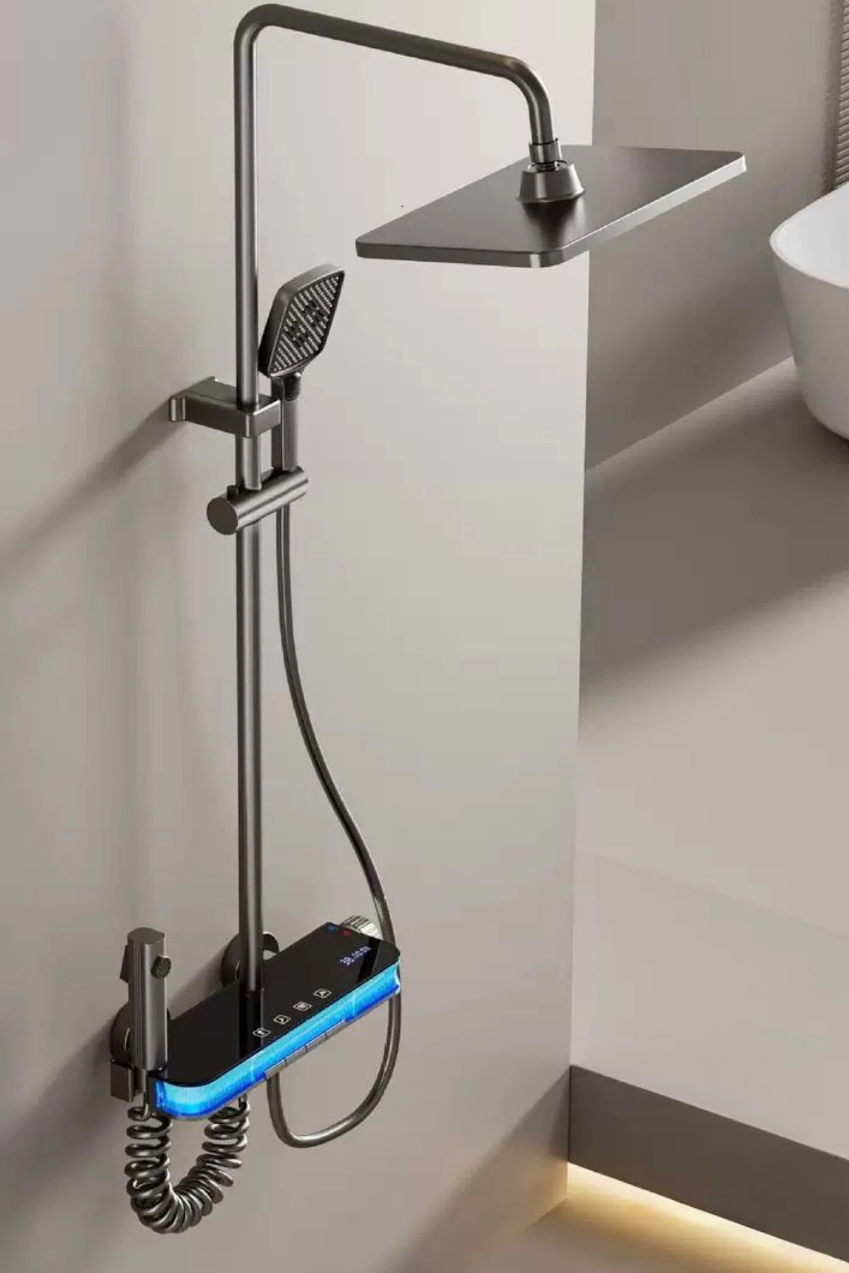 Aura-Dijital Led Göstergeli Piyano Tuşlu Termostatik Banyo Batarya Duş Sistemi Tepe Duş Seti