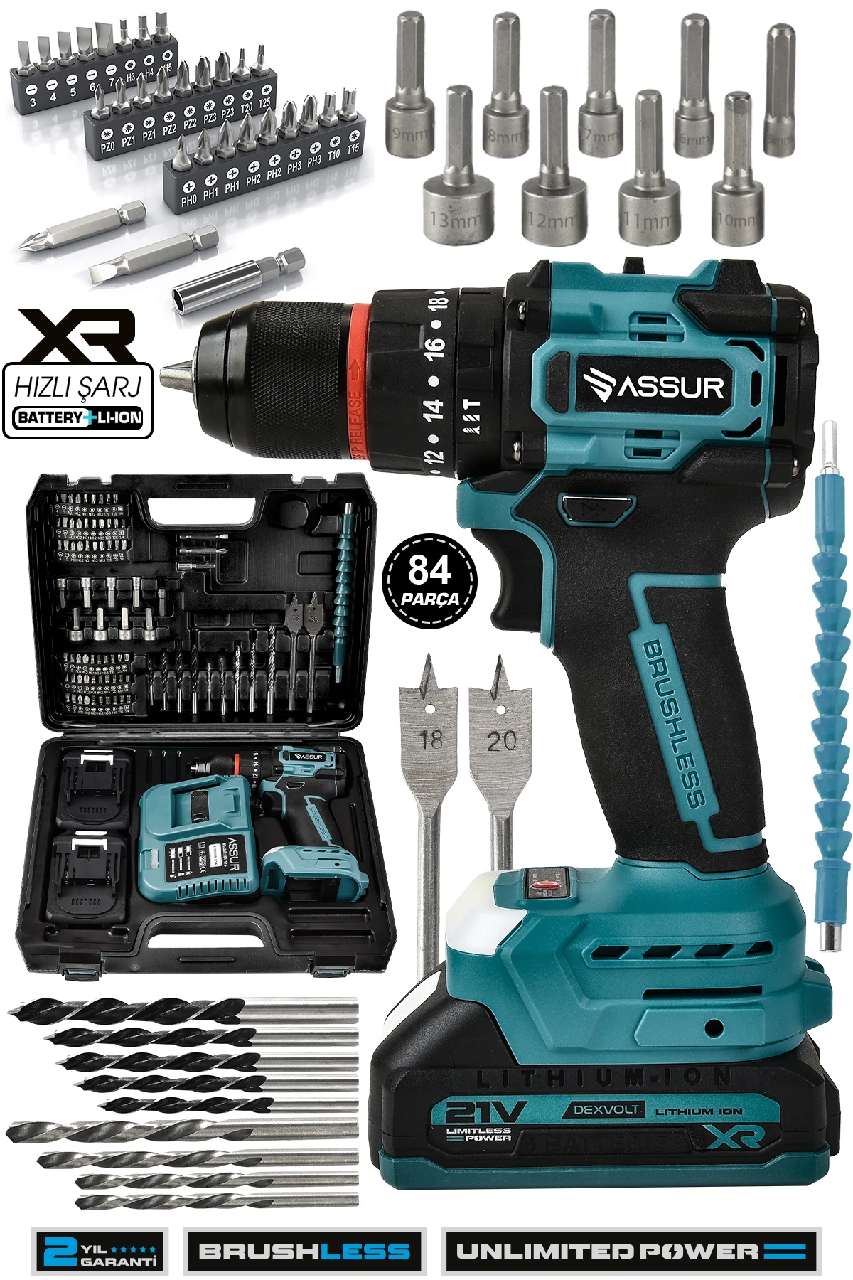 21v Çift Akü Darbeli Şarjlı Matkap Çelik Mandren Kömürsüz Motor Akülü Vidalama