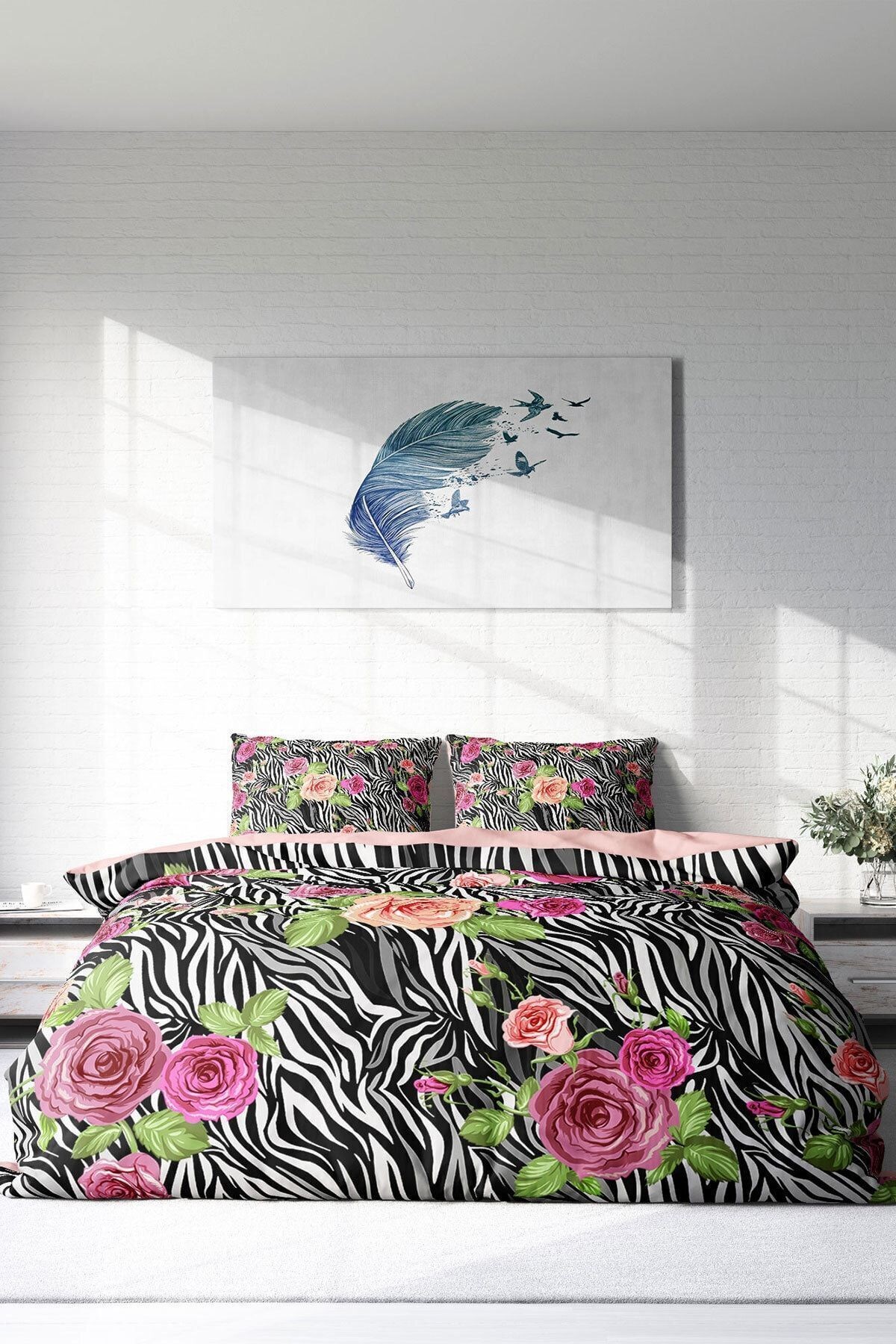 Nevresim Takımı %100 Doğal Pamuk Çift Kişilik 3d Digital Zebra Flower