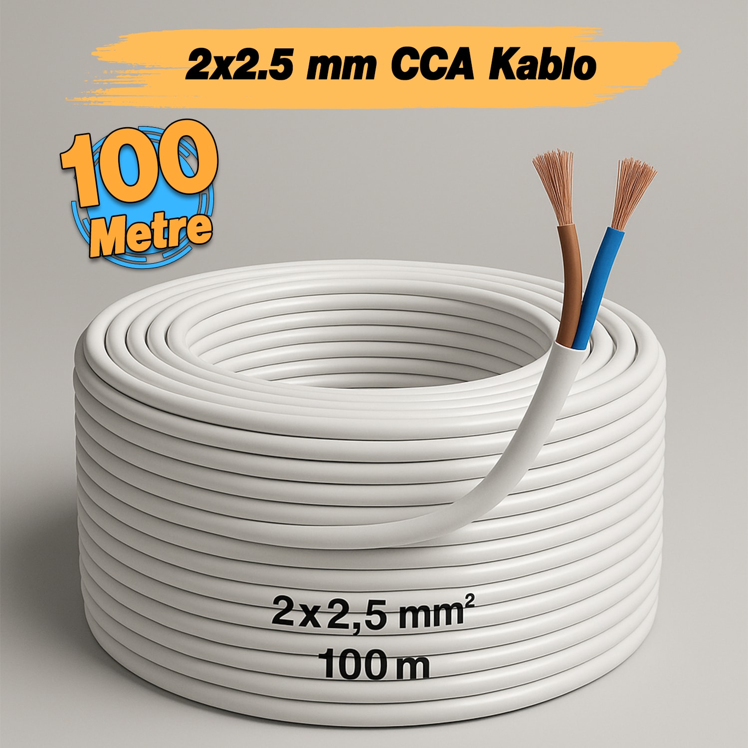 Cca Çok Telli Kablo 2x2.5 mm 100 Metre Elektrik Kablosu Topraklama Yok Alüminyum Alışım Beyaz Renk