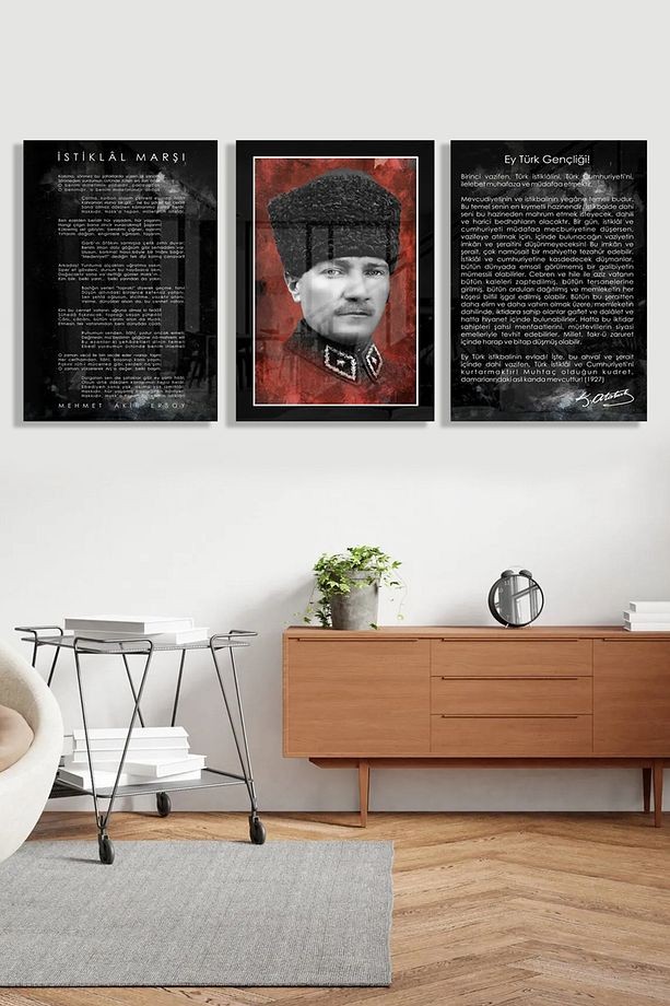 3 LÜ ATATÜRK KÖŞESİ İSTİKLAL MARŞI, ATATÜRK, GENÇLİĞE HİTABE SET TABLO TASARIMI KIRILMAZ CAM TABLO
