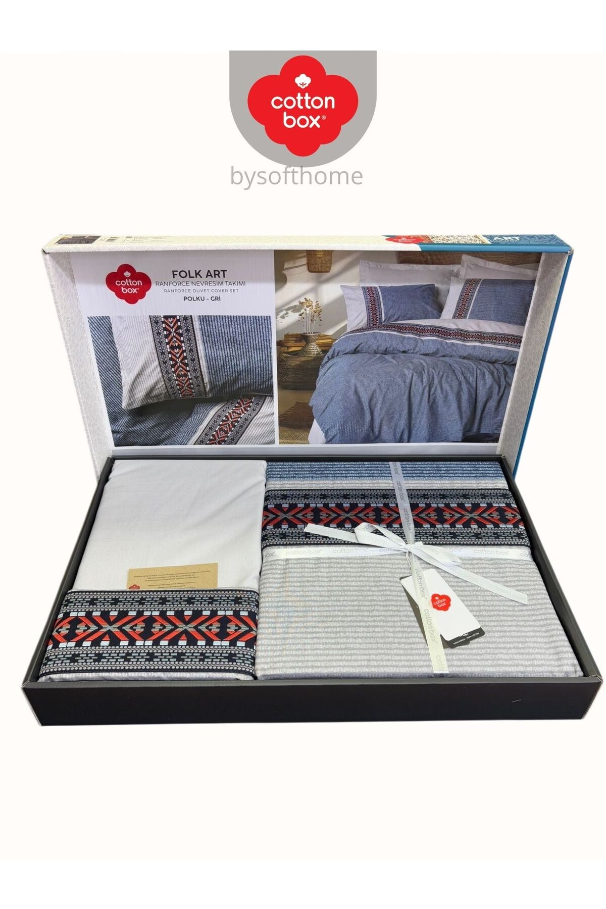 FOLKART POLKU GRI Ranforce Çift Kişilik Nevresim Takımı %100 Pamuk