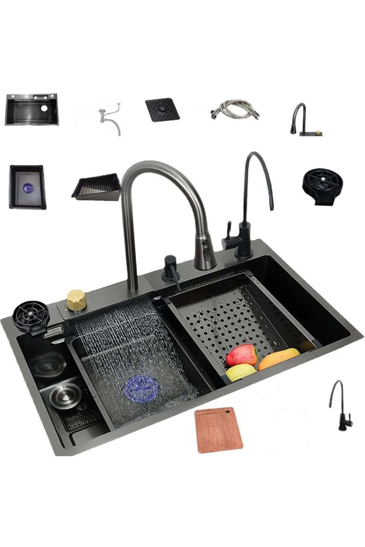 Teknolojik Eviye Seti Siyah (KROM EVYE) Şelale Evye 3 Fonksiyonlu Bataryası Dahil