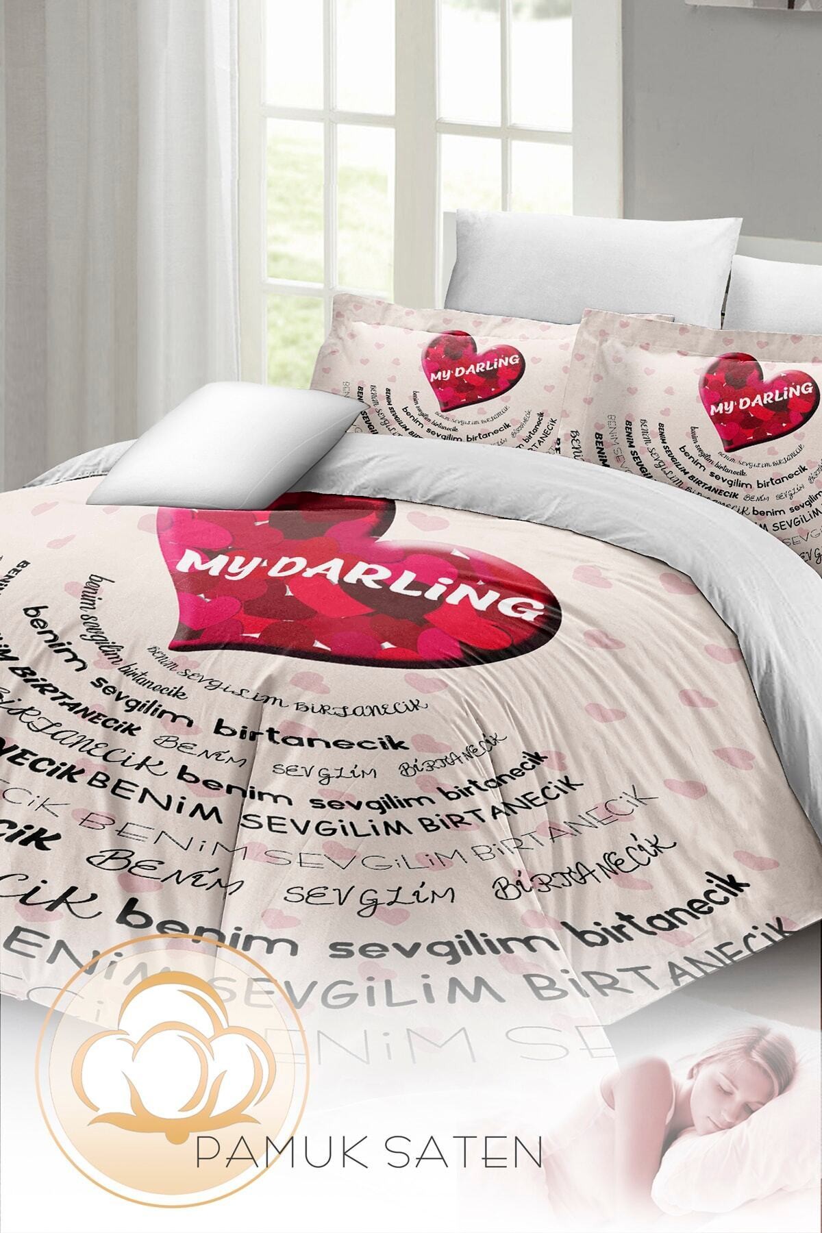 Kıng Sıze Sevgililer Günü Çift Kişilik Nevresim Takımı%100 Pamuk Saten Darling White 220x240cm