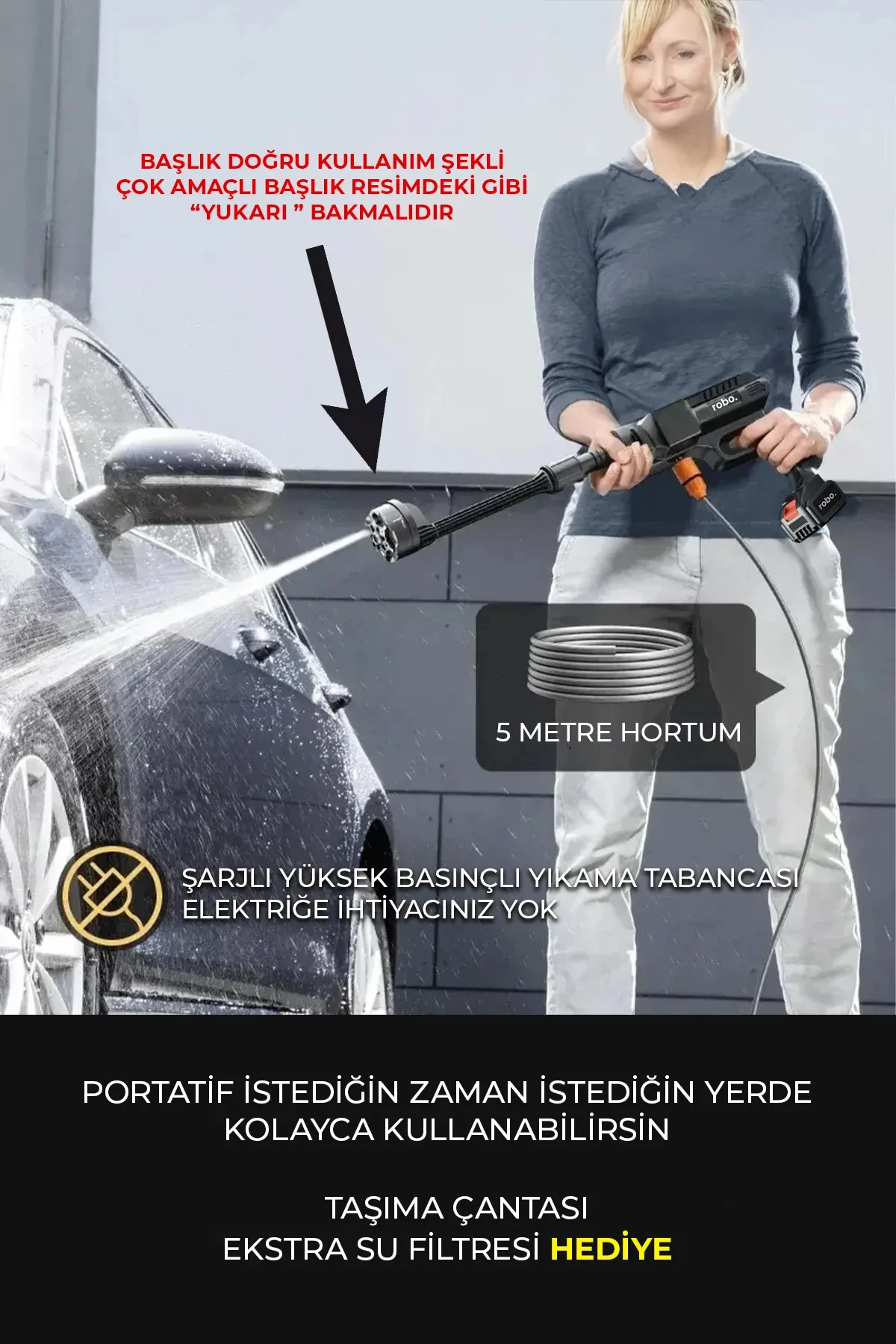 Turbo 1  Şarjlı  70 Bar Yüksek Basınçlı  Oto Yıkama Makinesi  Ve Sulama Tabancası