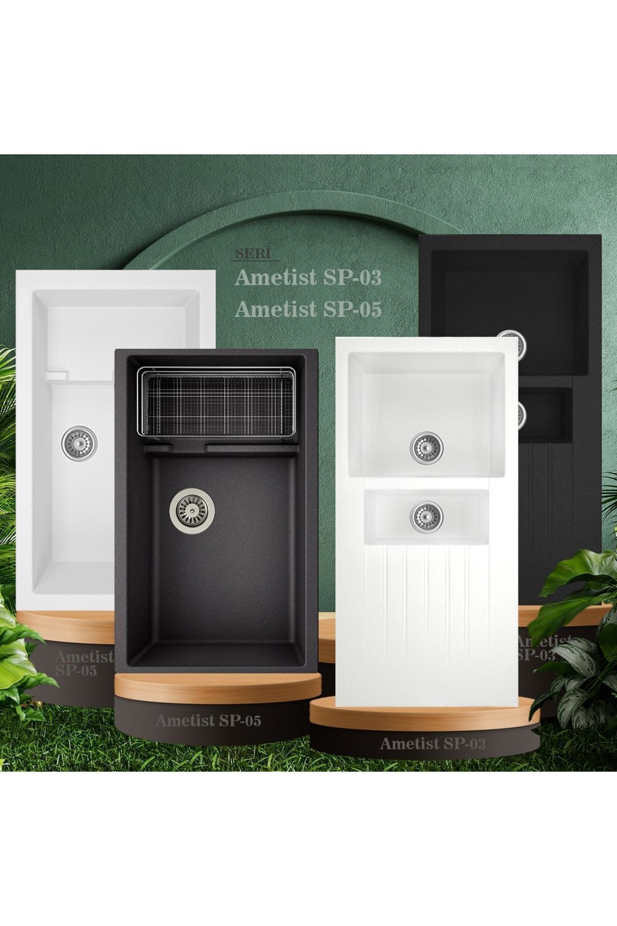 Granit Eviye | Çift Hazne Izgaralı | Beyaz | Ametist Sp--03 | Evye