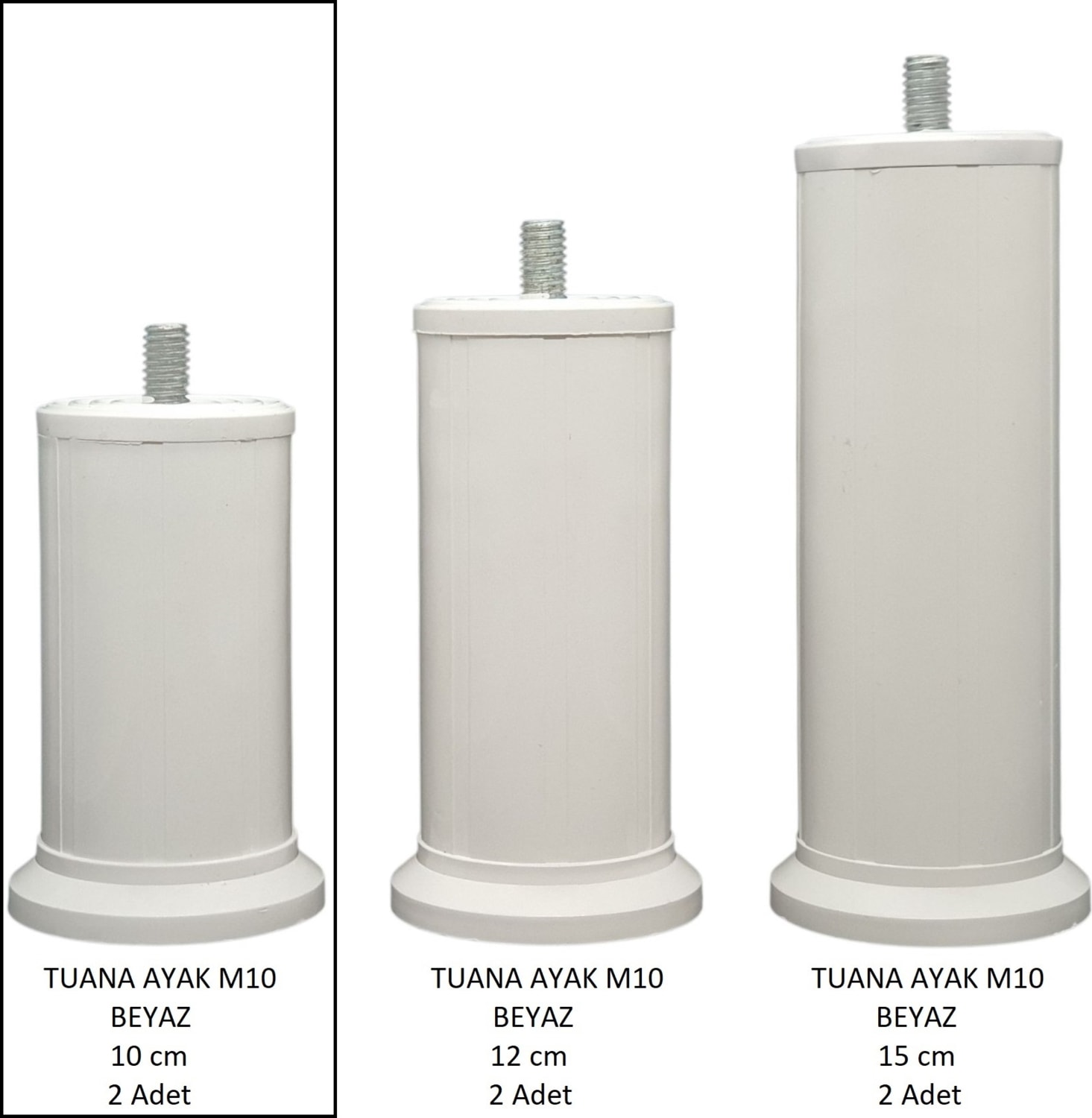 10 cm Beyaz Baza, Yatak, Koltuk, Kanepe Ayağı Civatalı M10 (Kalın Diş) (2 Adet)