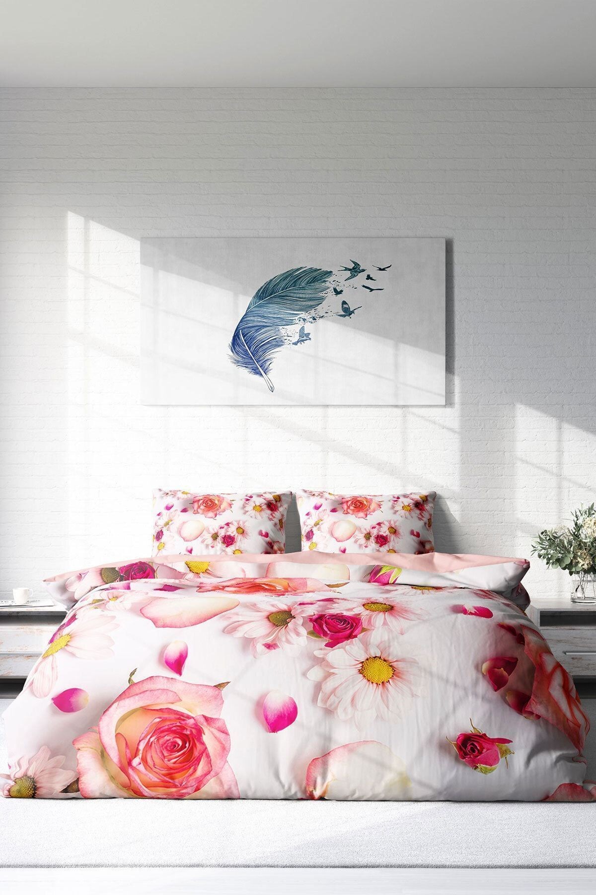 Nevresim Takımı %100 Doğal Pamuk Çift Kişilik 3d Digital White Rose
