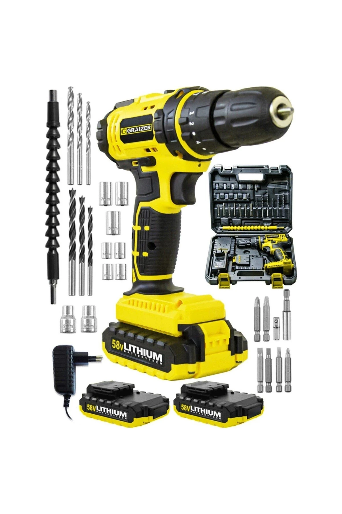 Alman 58 V 5 Ah Darbeli Metal Şanzuman Çift Akülü Şarjli Vidalama Matkap 17 Parça Set