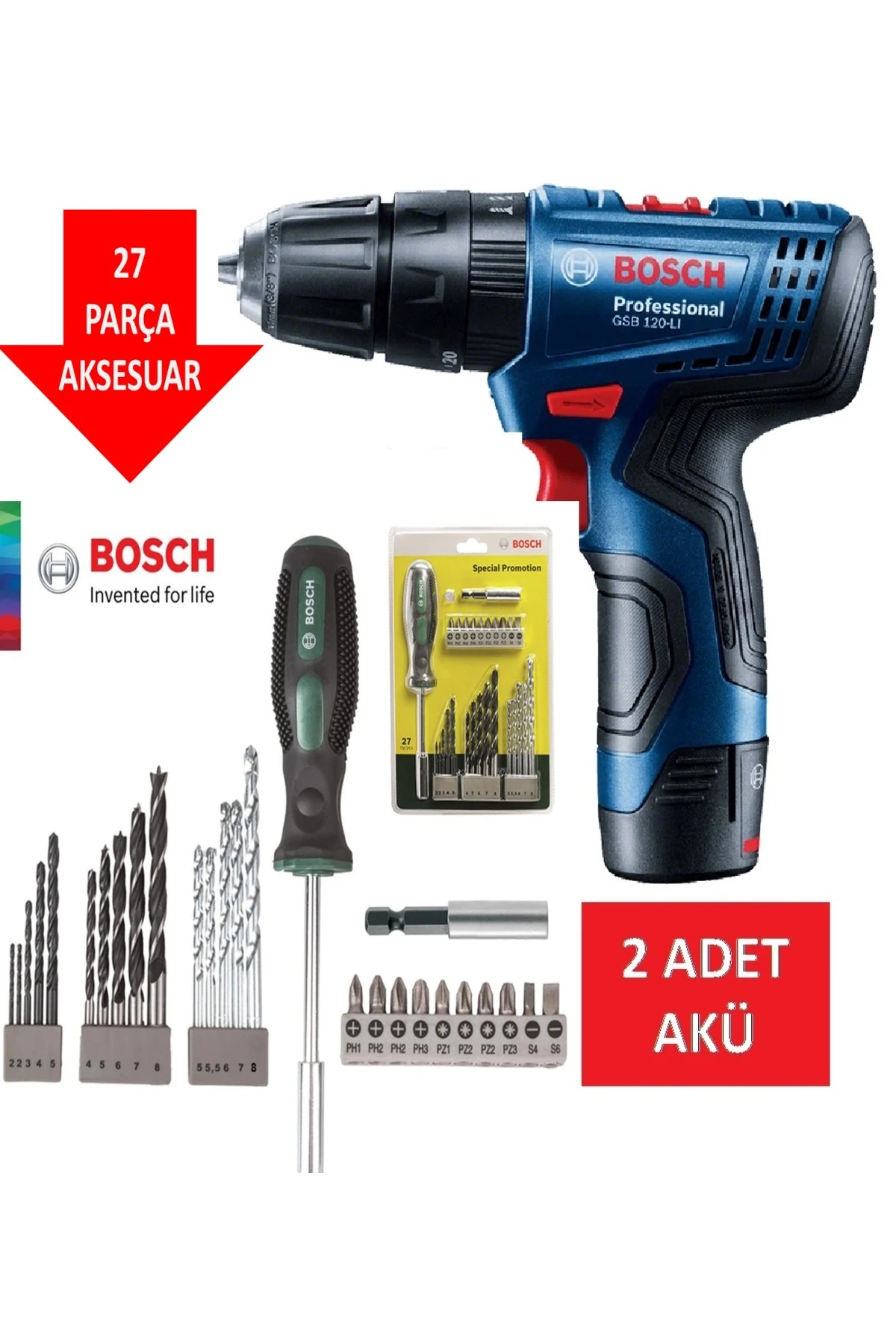 Şarjlı Matkap Darbeli Matkap Çift Akülü Vidalama + 27 Parça Matkap Ucu Vidalama Ucu Tornavida