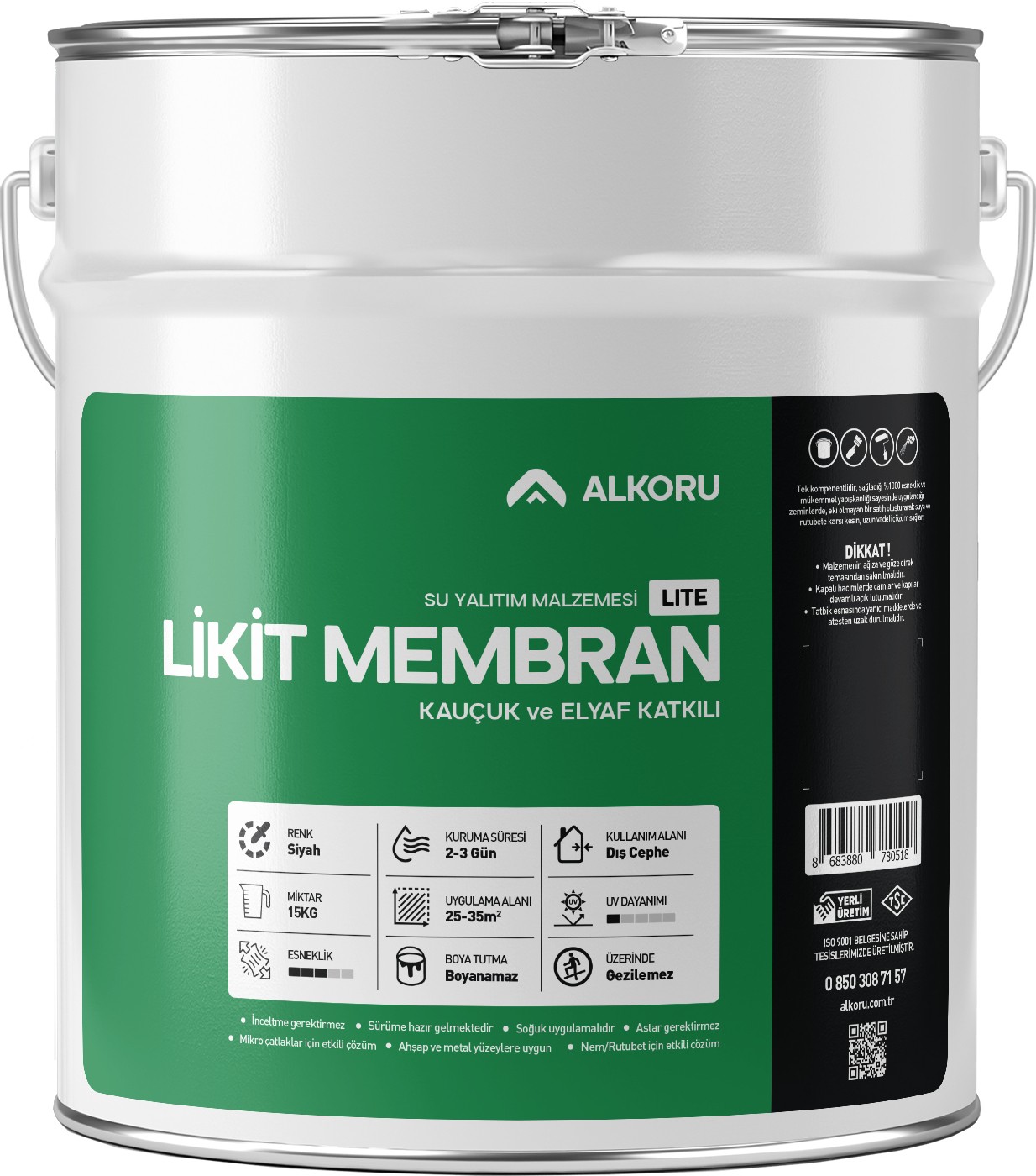 15 kg Lite Likit Membran Kauçuk ve Elyaf Katkılı Sıvı Su Yalıtım Malzemesi