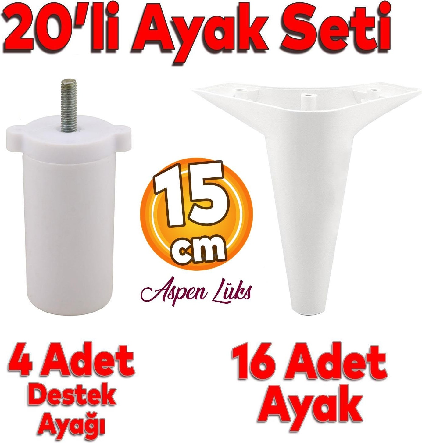 20'li Set Aspen Lüks Mobilya Koltuk Kanepe Tv Ünitesi Yükseltme Destek Ayağı 15 cm Beyaz Ayakları