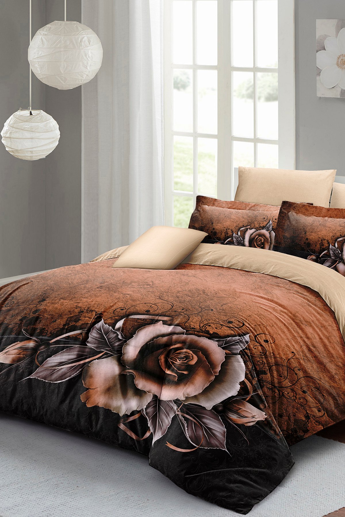Kıng Sıze Nevresim Takımı %100 Doğal Pamuk Çift Kişilik 3d Digital Copper Rose 220x240cm