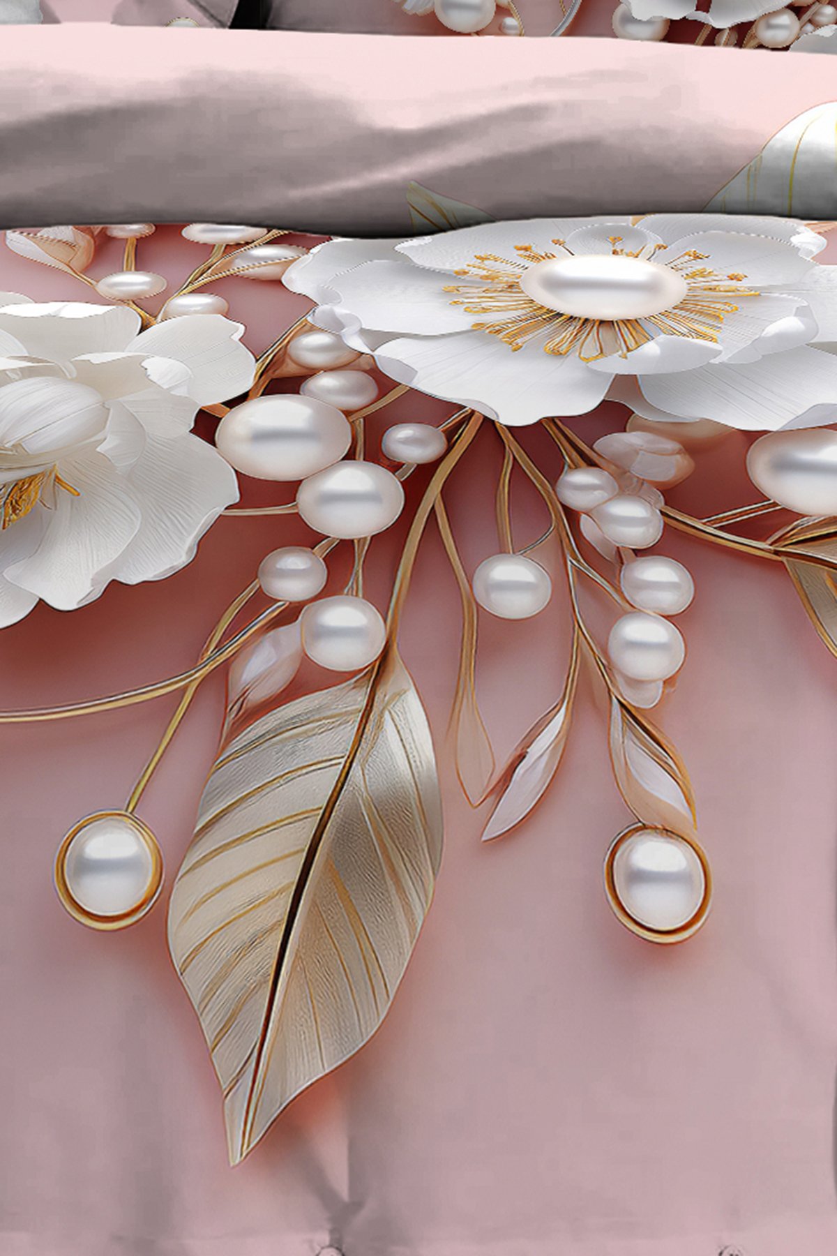 %100 Pamuk Ranforce Çeyizlik Luxury 5d Dijital Çift Kişilik Nevresim Takımı Pink Pearls
