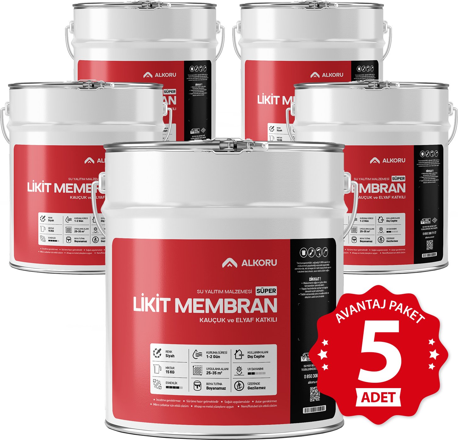 5 Adet 15 kg Süper Likit Membran Kauçuk ve Elyaf Katkılı Sıvı Su Yalıtım Malzemesi Avantaj Paket