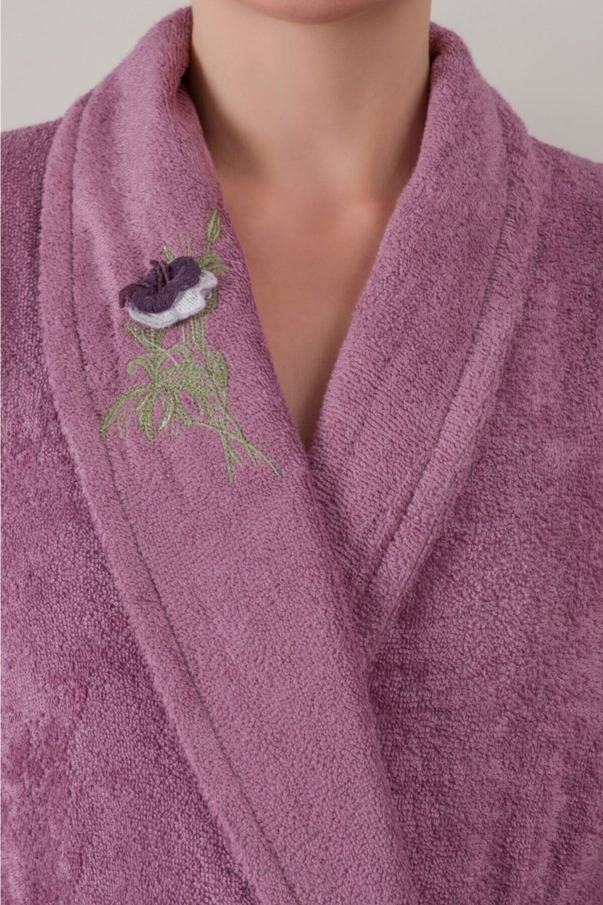 Bambu 6 Parça Aile Bornoz Seti Nakışlı Violet Mürdüm Gri