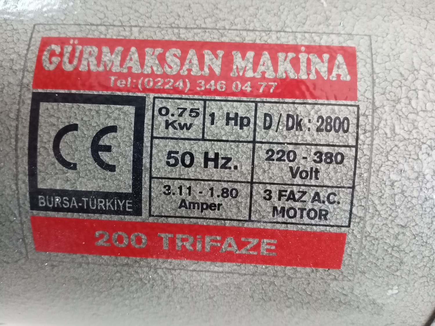 Taş Motoru Taşlama Trifaze 1hp 2800
