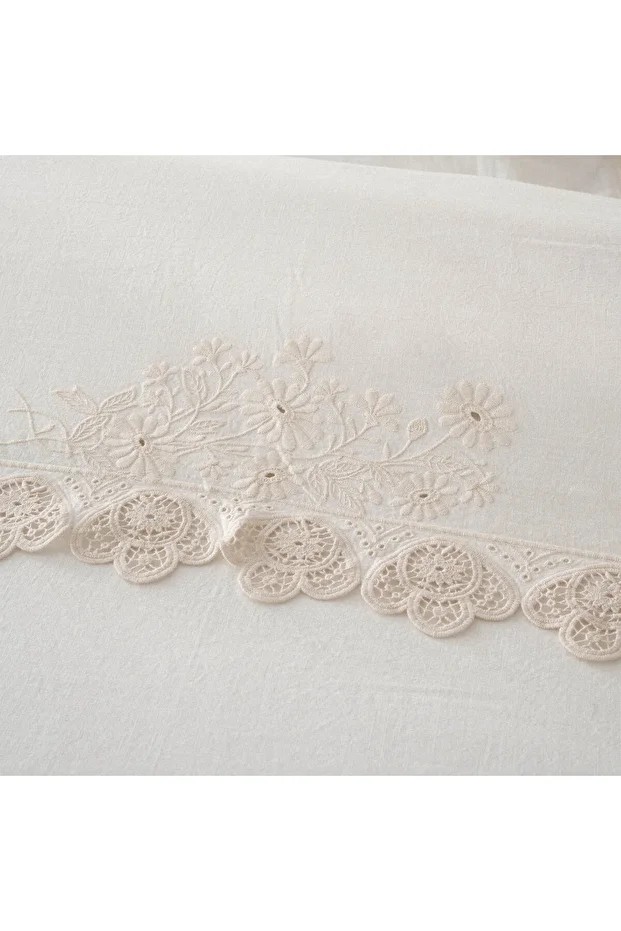 Amanda Çift Kişilik Nevresim Takımı %100 Organik Pamuk Keten Dantelli Krem 200x220 Cm