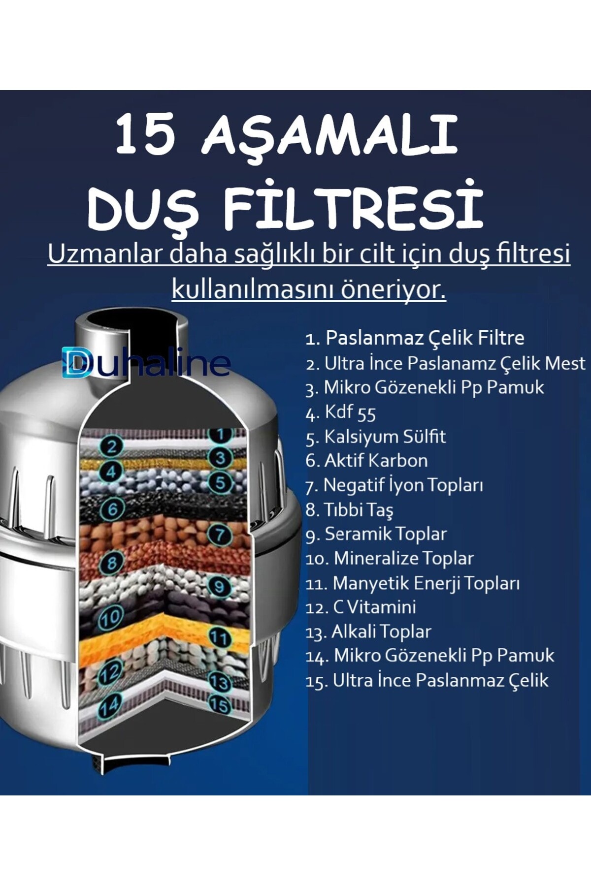 15 Aşamalı Duş Banyo Mutfak Filtresi Klor Kireç Kötü Koku Toksinlere Karşı Etkili Su Arıtma Sistemi
