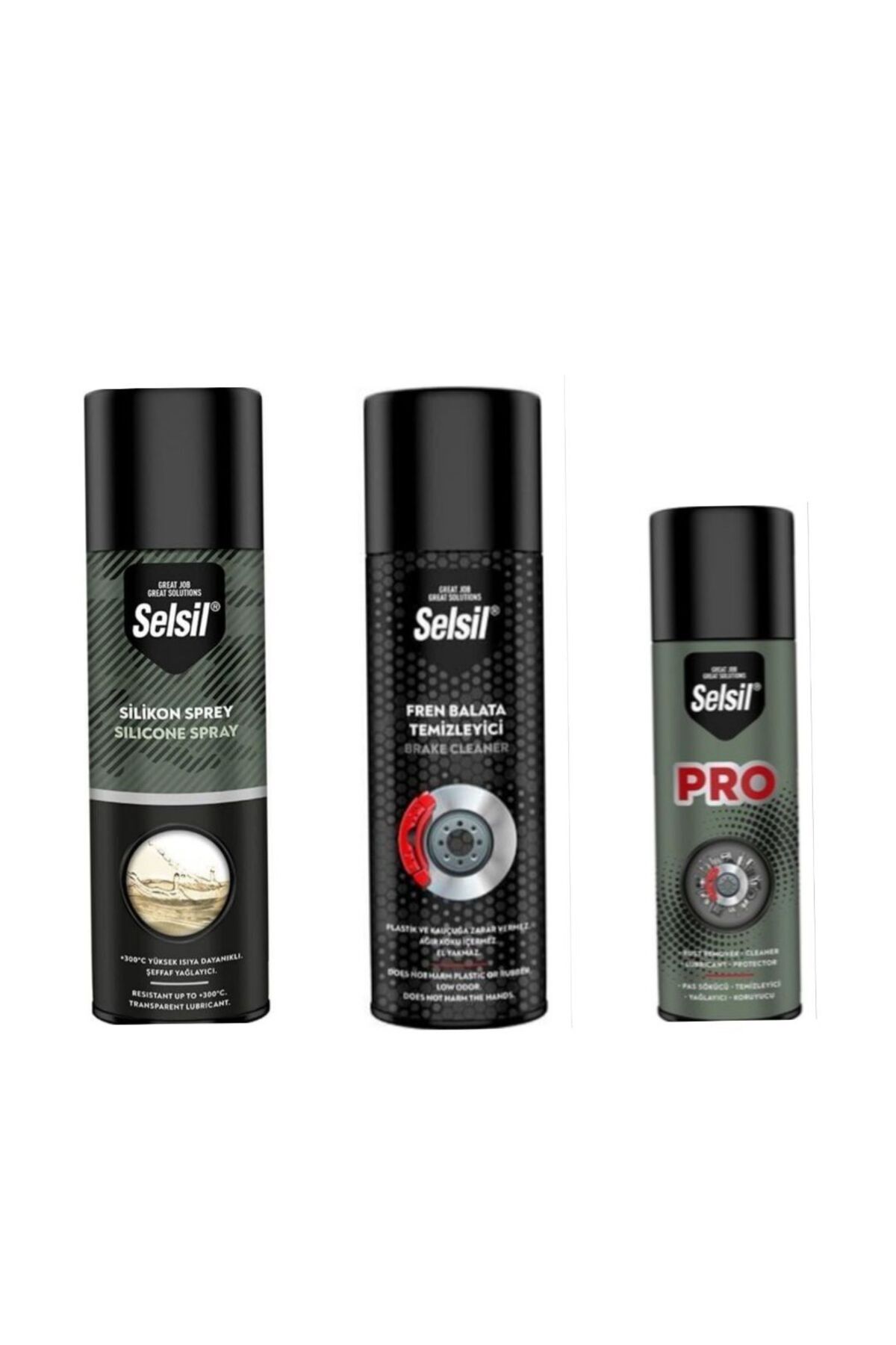 silikon sprey 1x500ml. selsil Pas Sökücü Pro 1x400ml.  Fren Balata spreyi 1x500ml