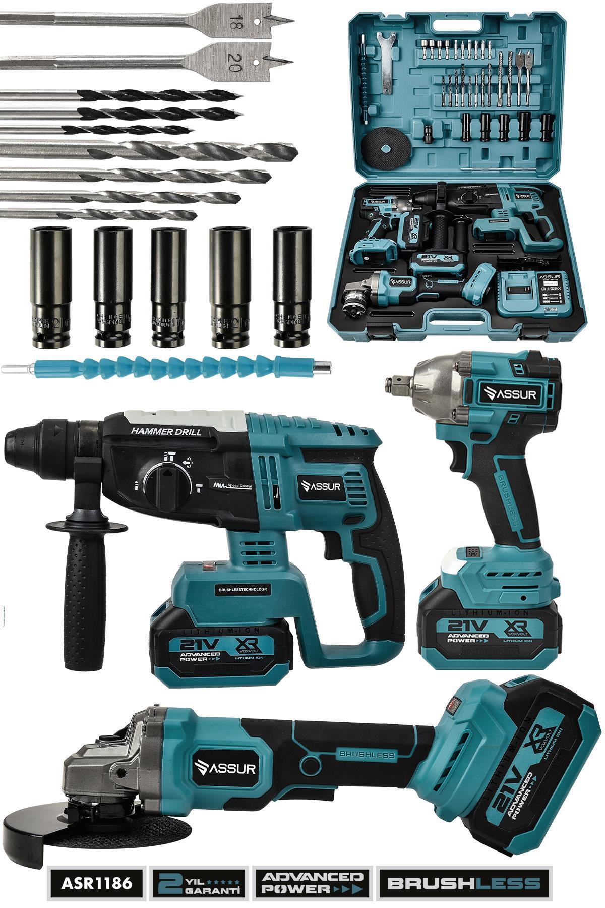 21V Çift Akülü 3'lü Set Somun Sıkma Sökme+Taşlama+Kırıcı Delici Hilti