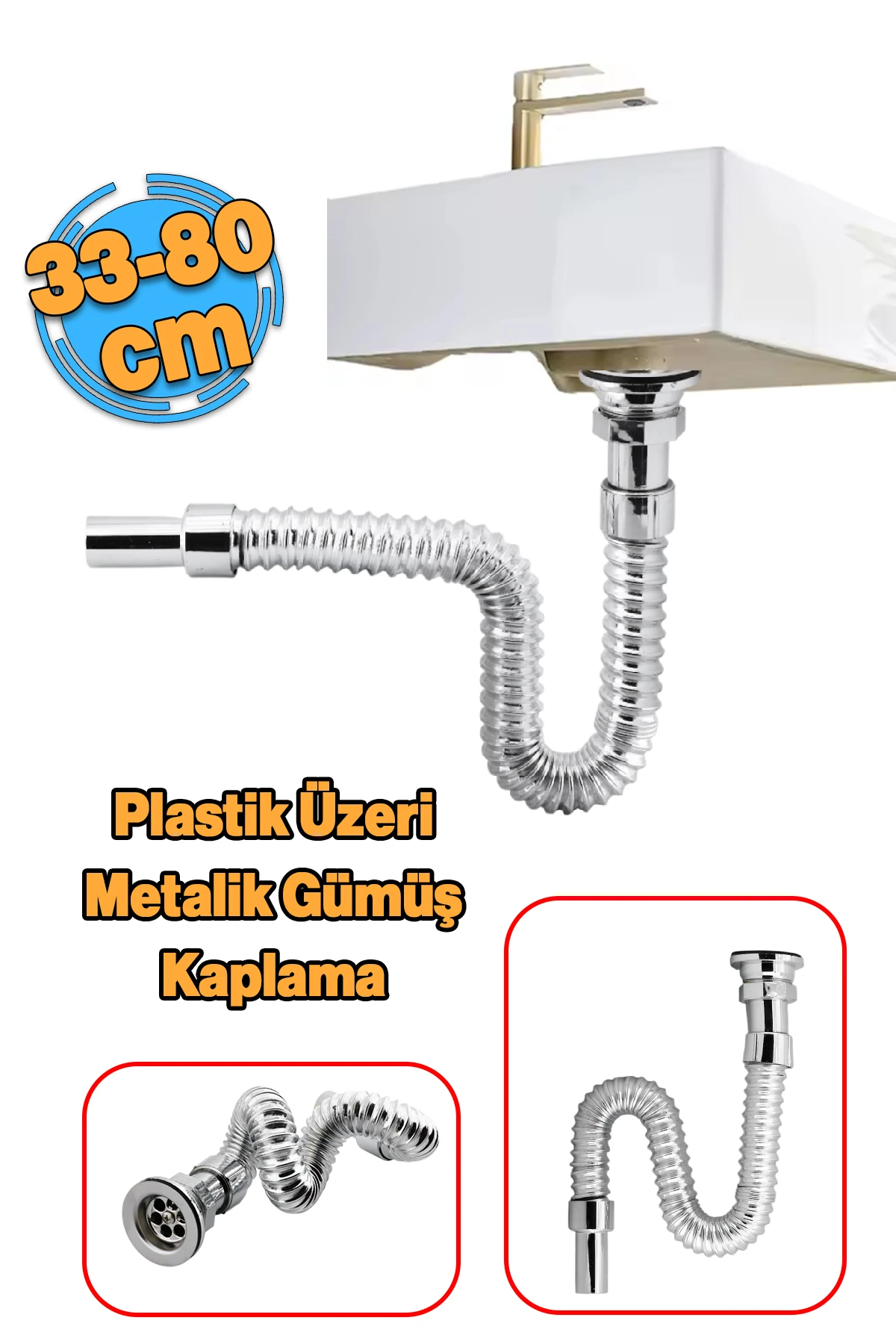 Körüklü Lavabo Sifonu Koku Önleyici Krom Gümüş Evye Gider Borusu Sifon Hortumu Uzun 33-80 cm Uzayan