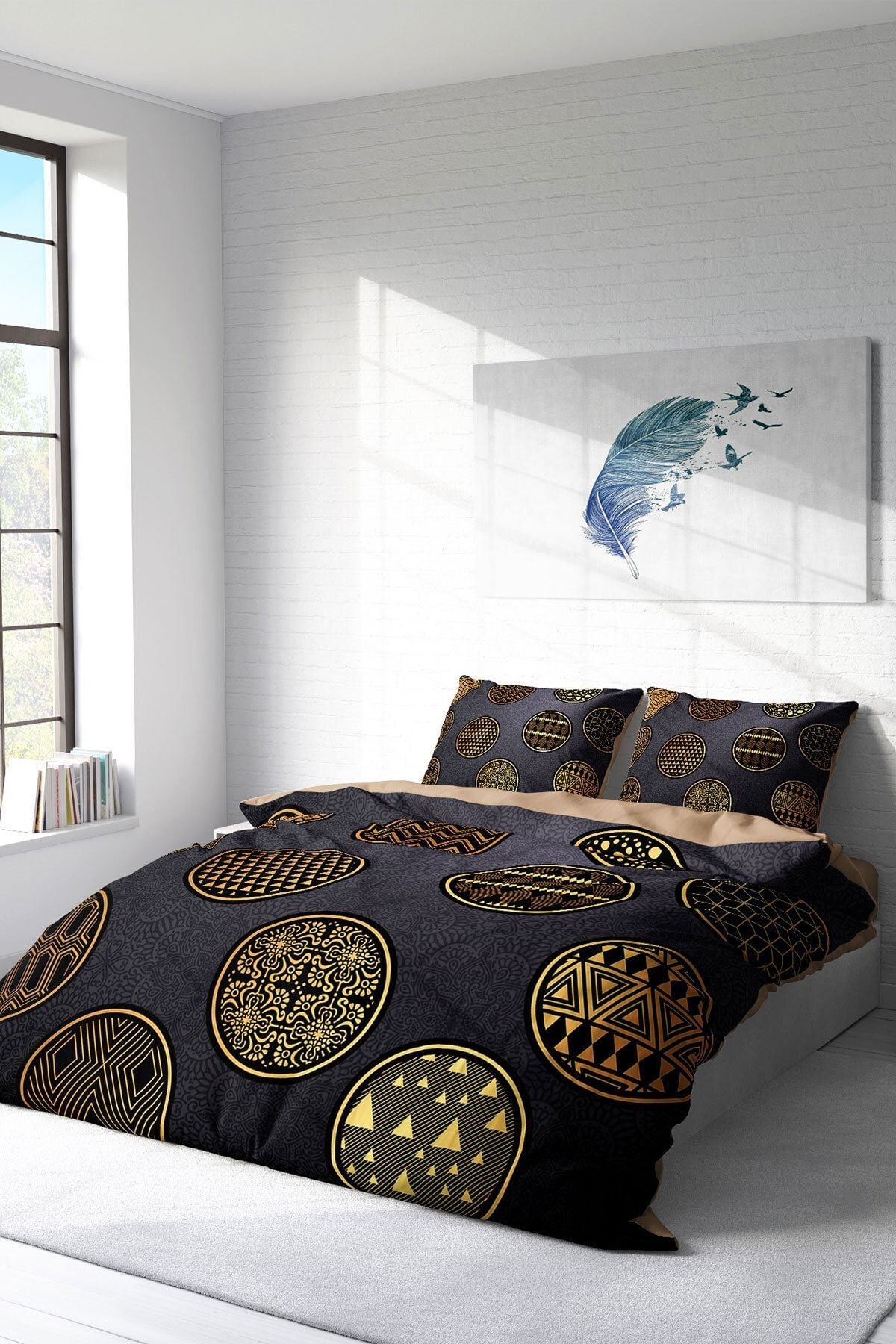 Gold Black Circle 3d Çift Kişilik Nevresim Takımı