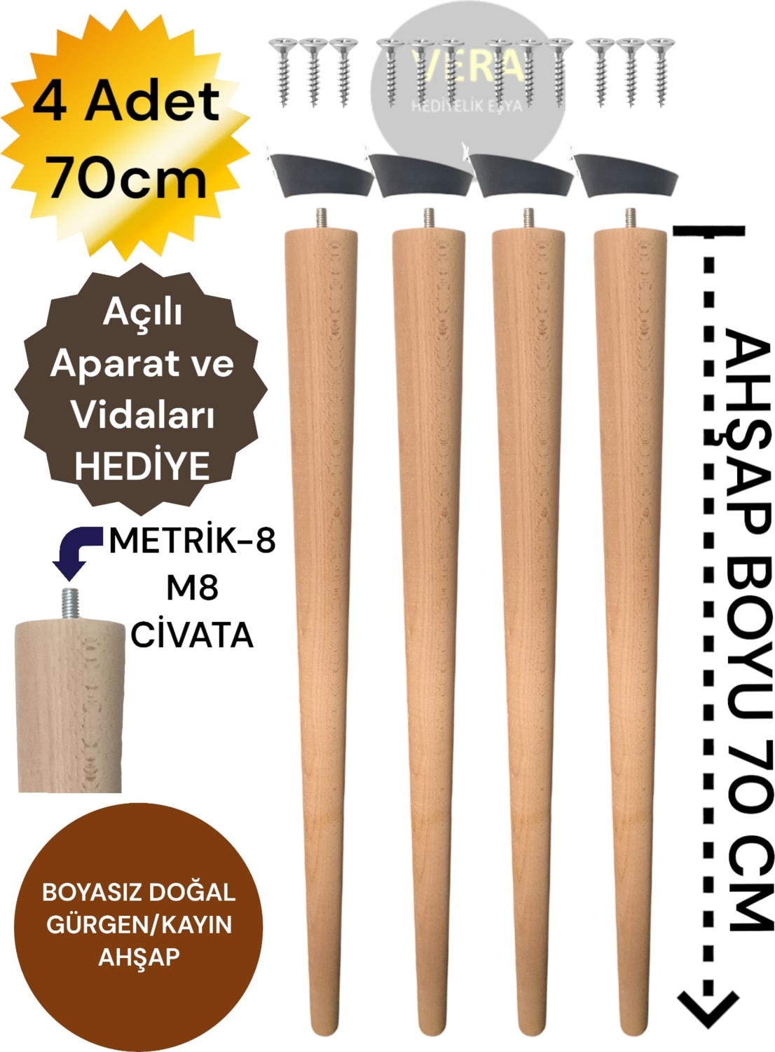 4'lü 70 cm Doğal Ahşap Konik Masa Ayağı Sehpa Ayağı Ahşap Ayak (Aparat ve Vida Dahil) 3301000000811