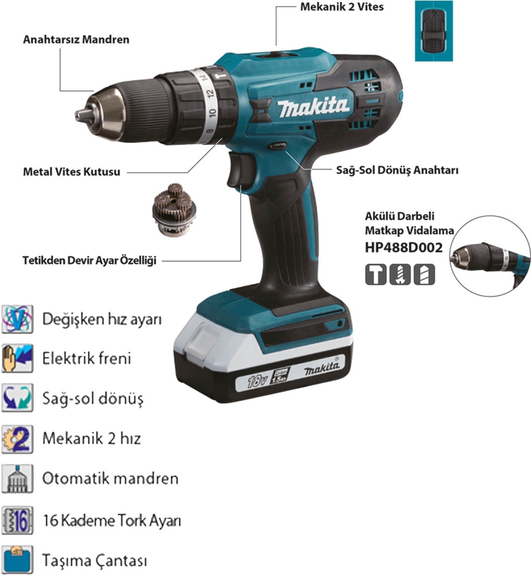 MAKİTA HP488D002 Darbeli Matkap Vidalama 18V 1,5AH Çift Akü